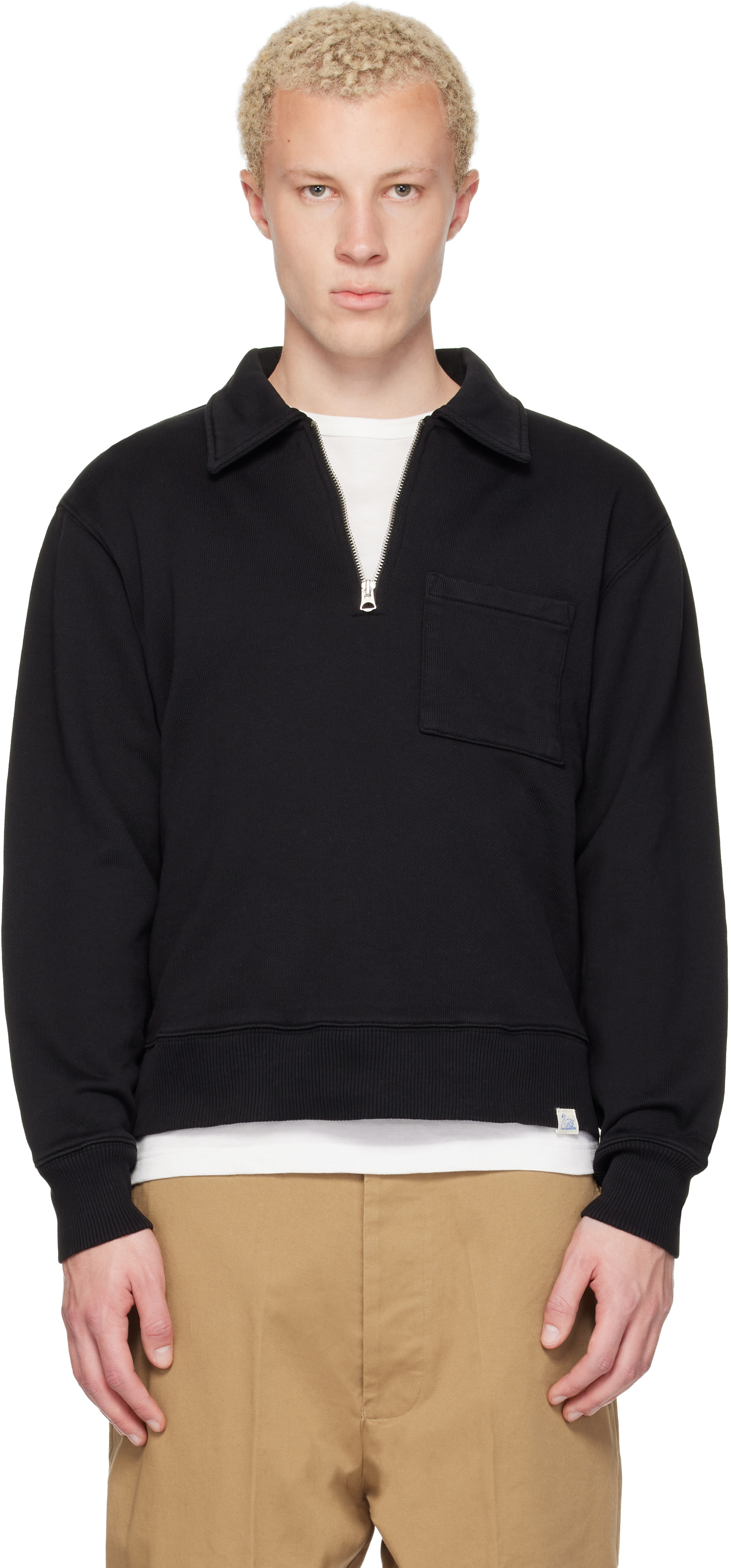 Merz b. Schwanen - Black Authentic Fleece Polo Collared Half-Zip Cotton Sweatshirt