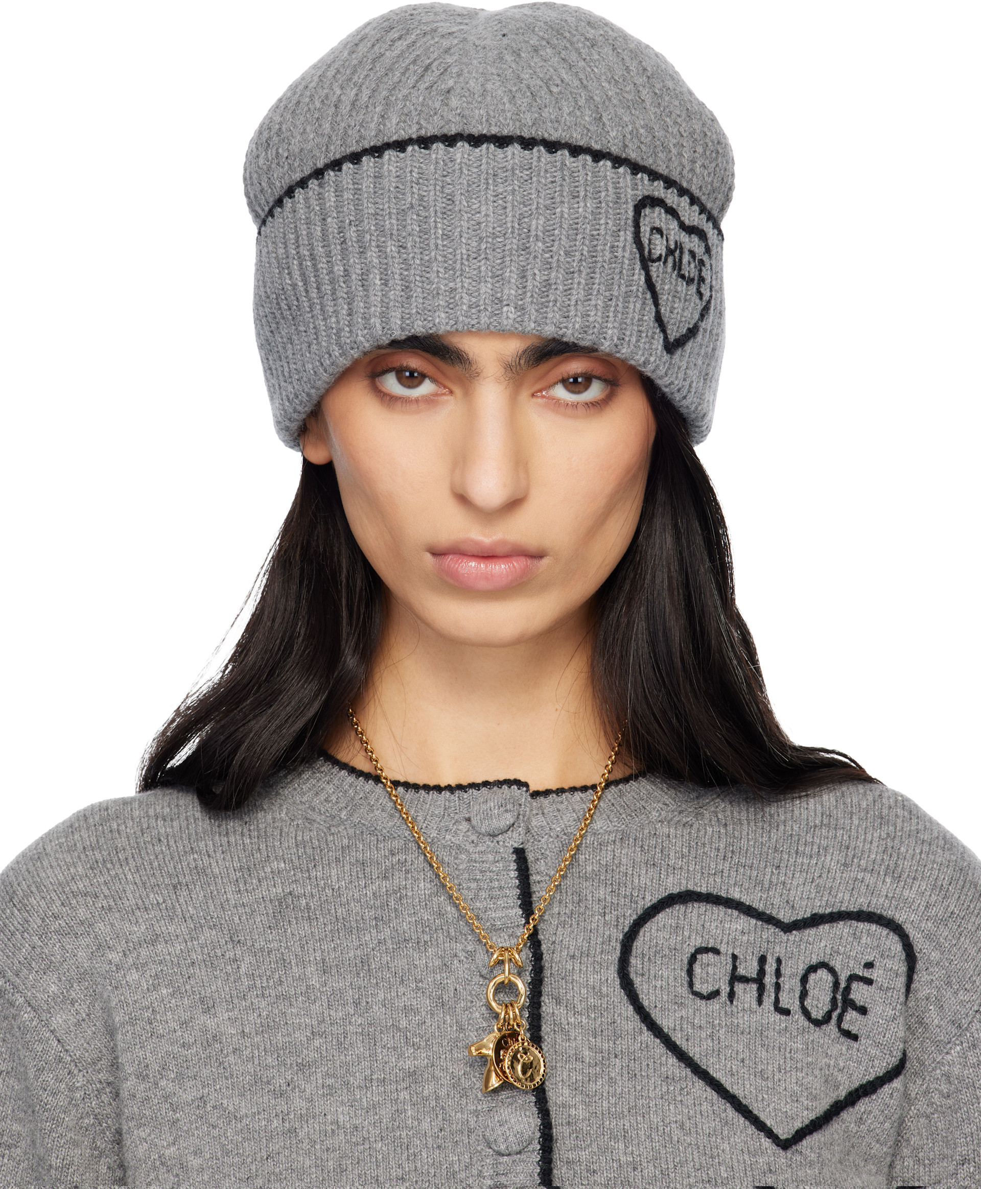 Chloé - Bonnet gris à image de cœur à logo