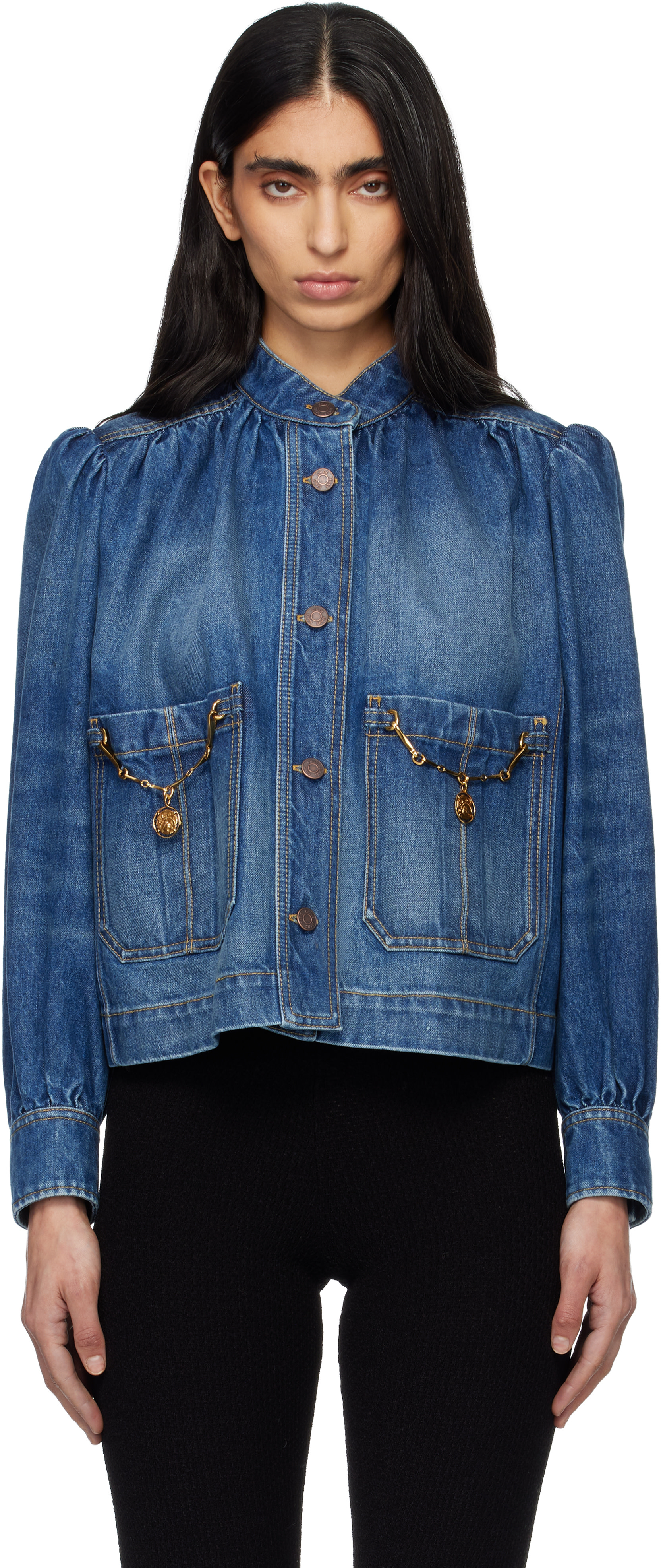 Chloé: Indigo High-Neck Gathered Denim Jacket | SSENSE