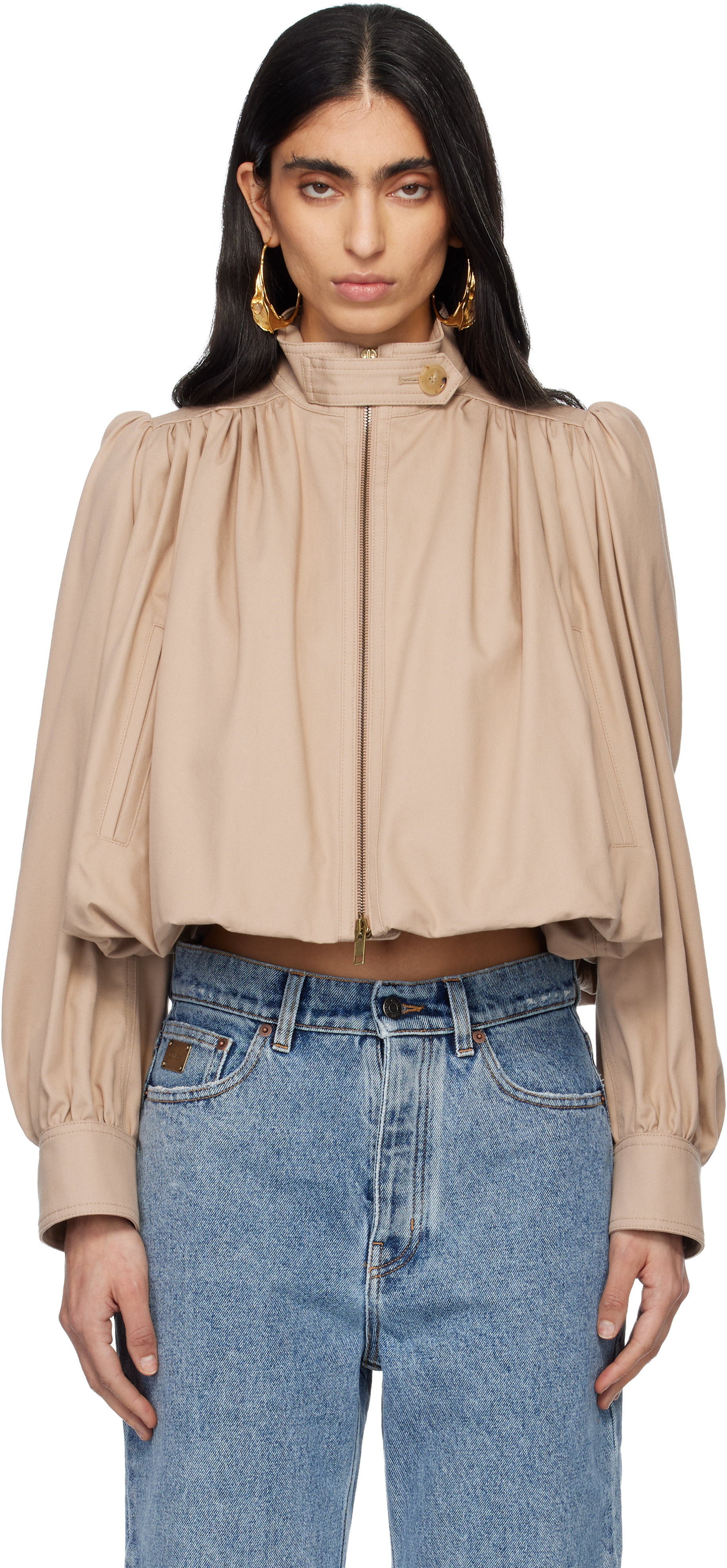 Chloé ベージュ バルーンスリーブブルゾン Chloé: Beige Cotton Canvas Gathered Boule Jacket | SSENSE