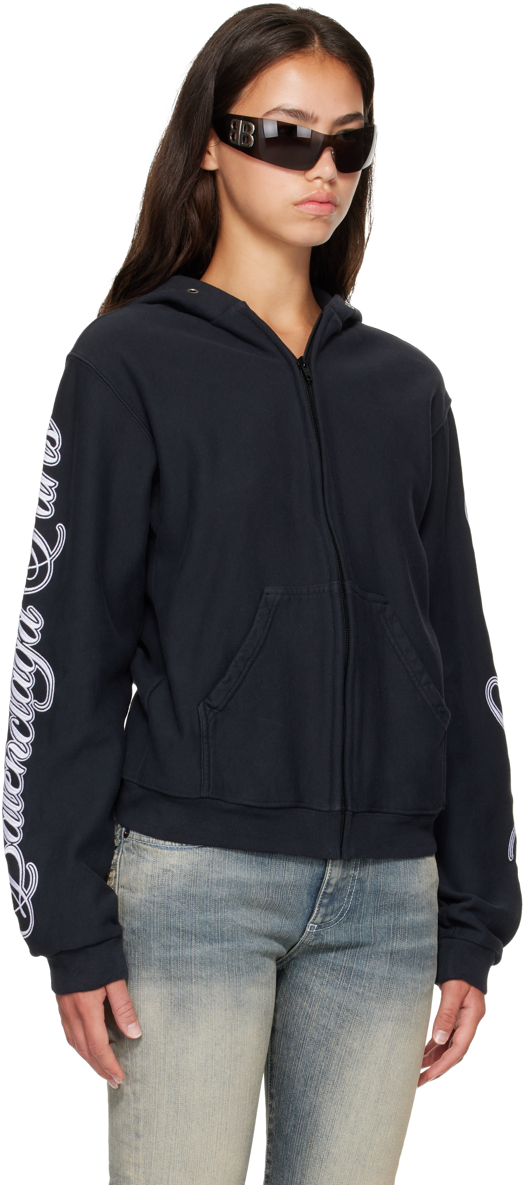Balenciaga - Pull à capuche noir à glissière et à coupe classique