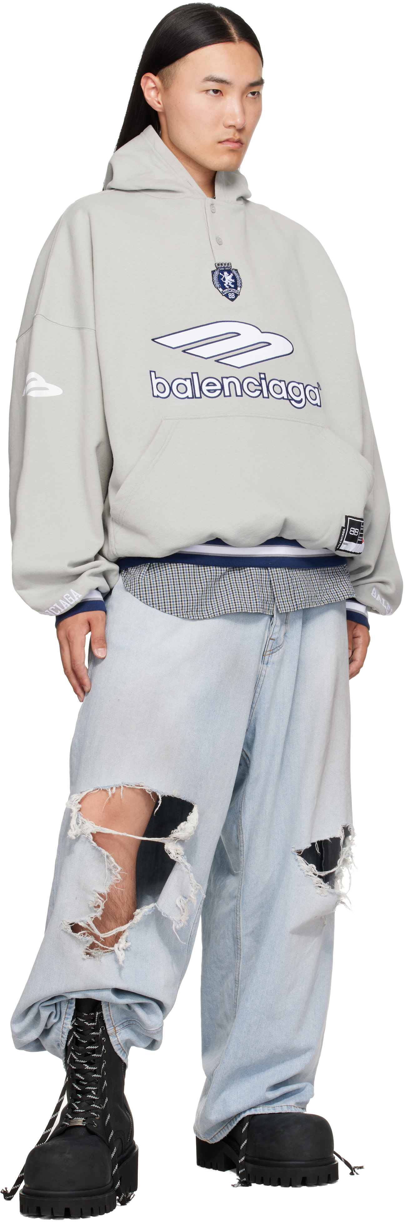 Balenciaga - Pull à capuche gris à col