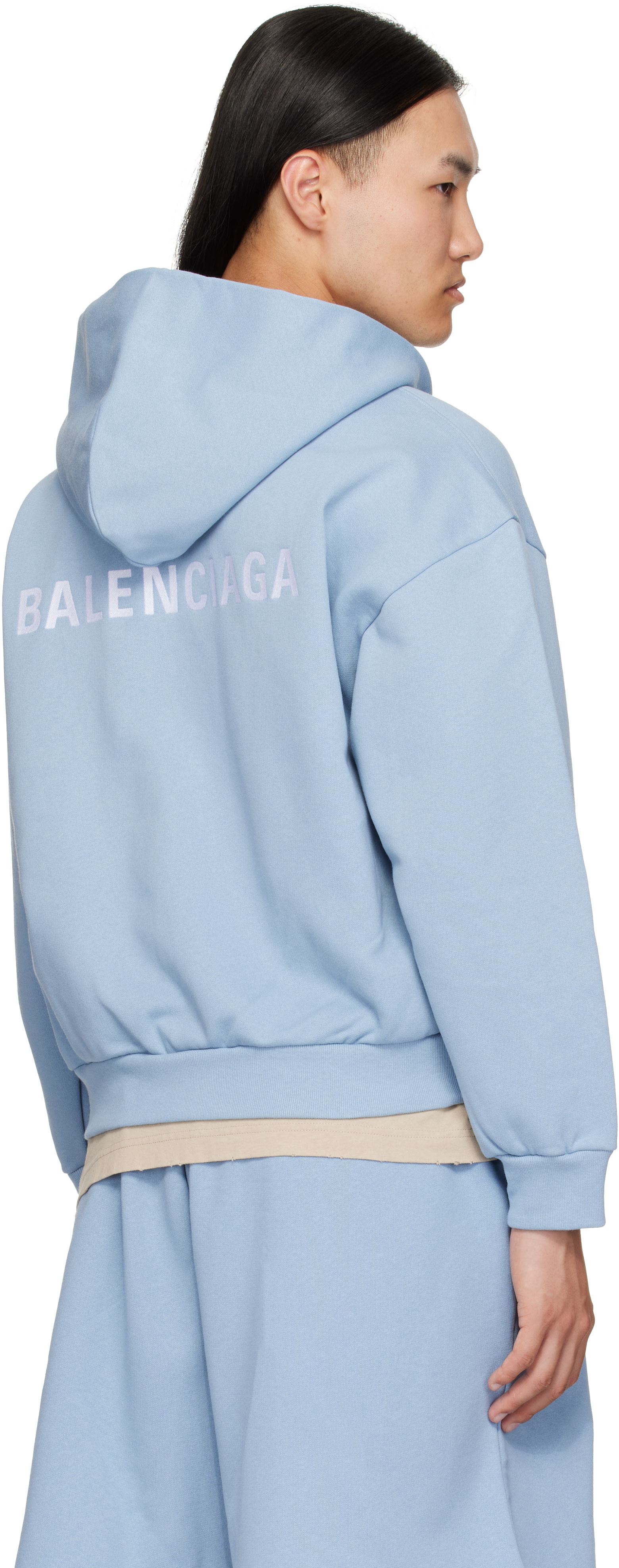 Balenciaga: ブルー ロゴ刺繍 ジップアップフーディ | SSENSE 日本