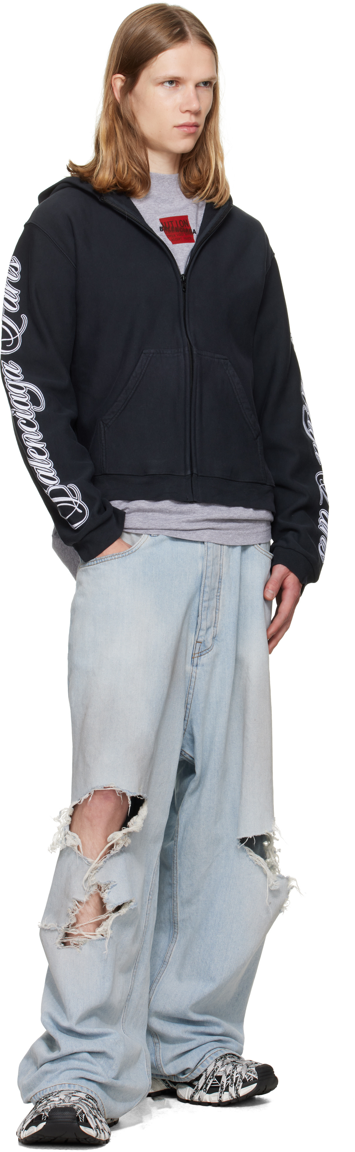 Balenciaga: Black Cursive Zip-Up Regular Fit Hoodie | SSENSE