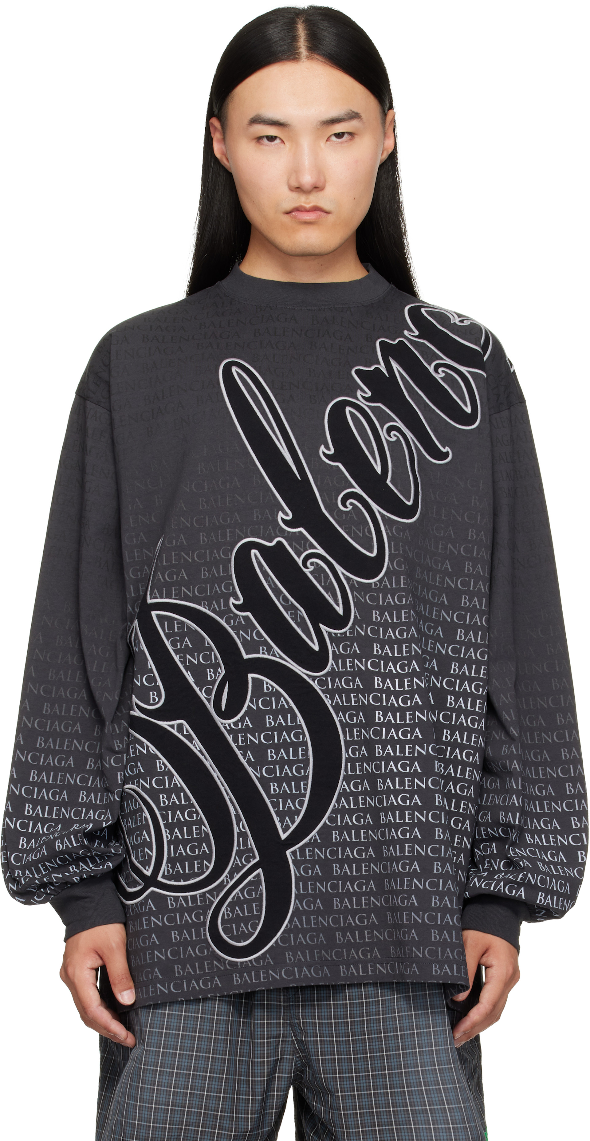 Balenciaga: グレー プリント 長袖Tシャツ | SSENSE 日本