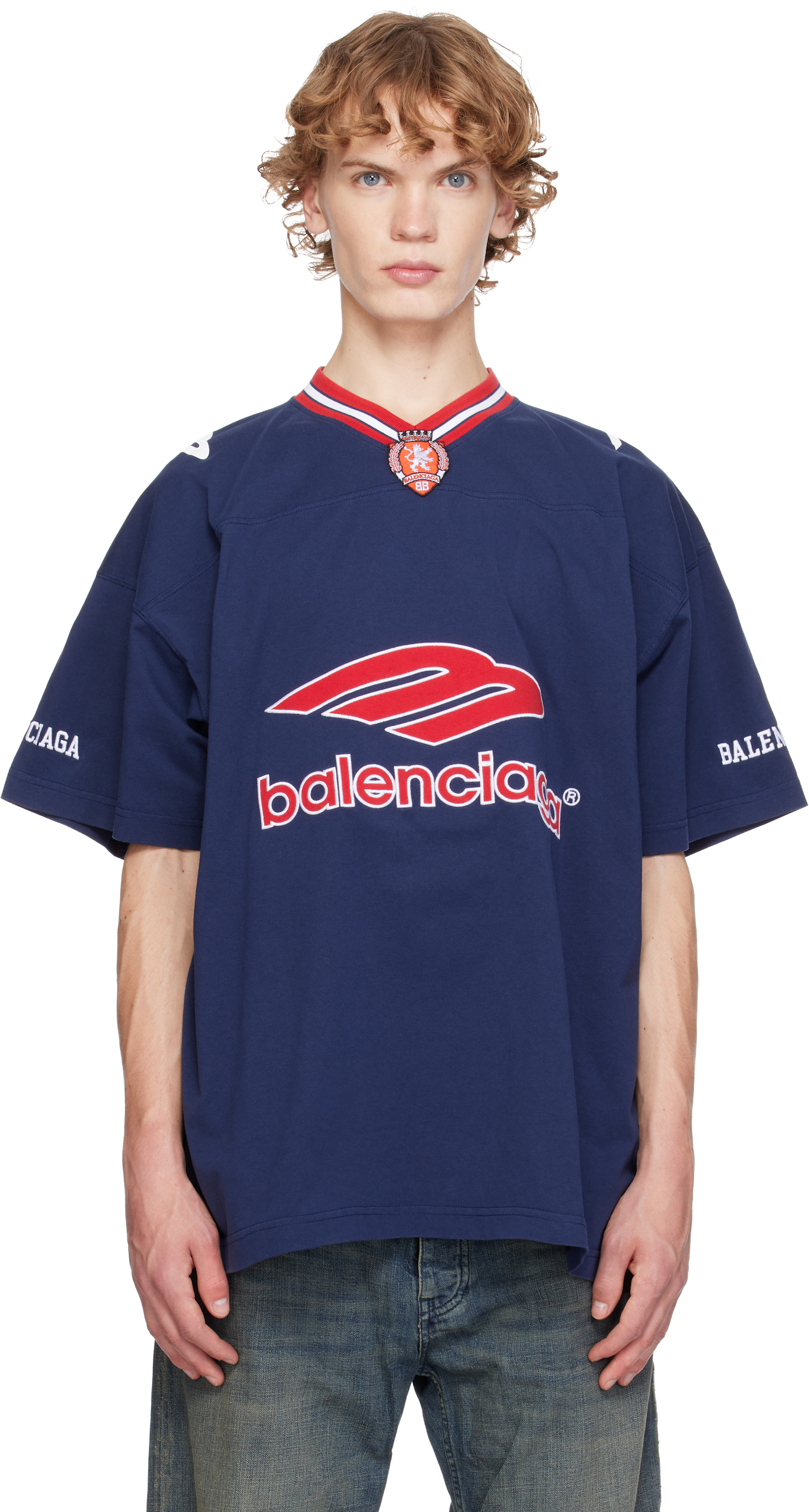Balenciaga: Navy 3B Football V-Neck Oversized T-shirt | SSENSE