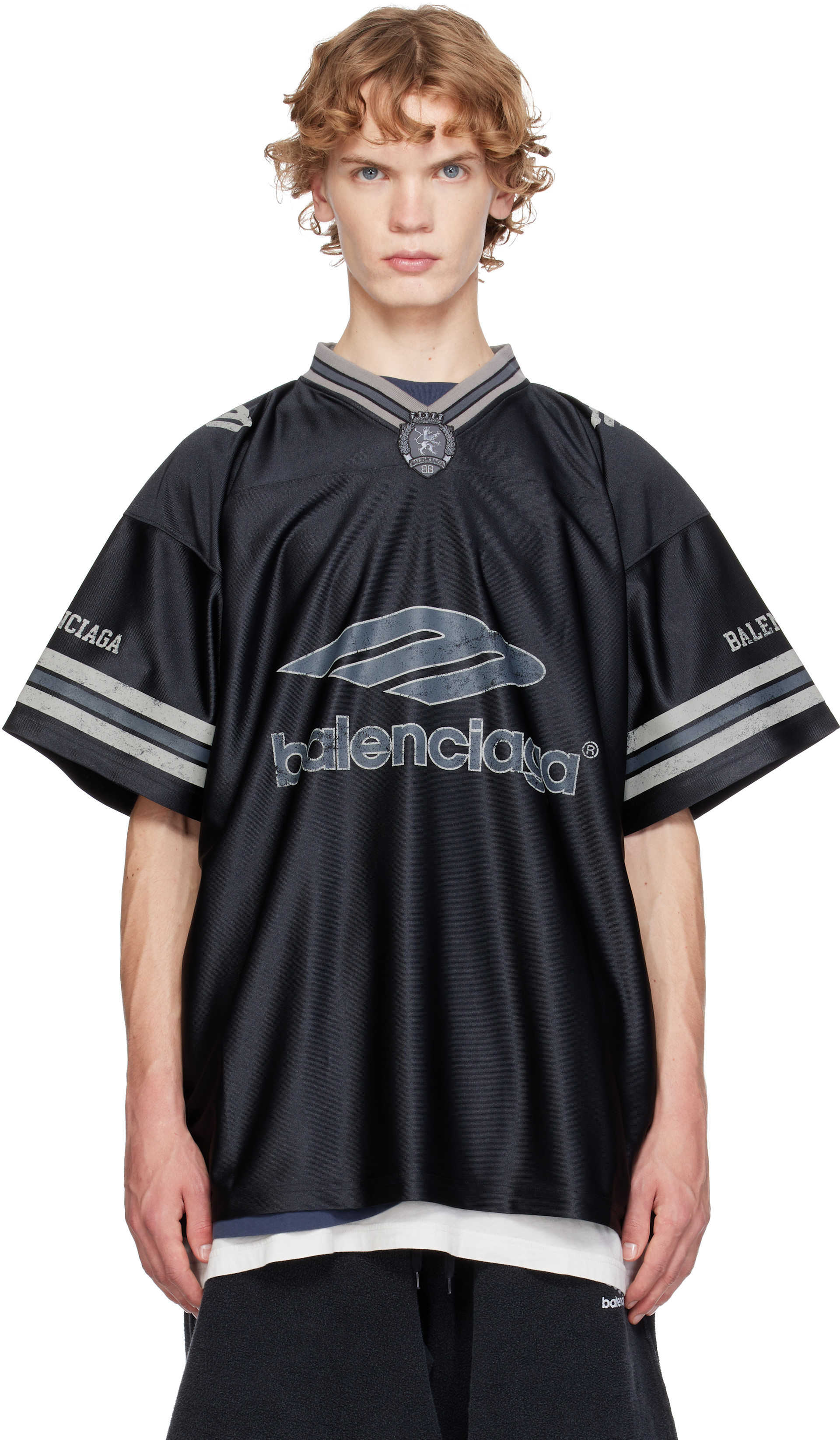 Balenciaga: ブラック 3B Football Vネック オーバーサイズ ジャージー