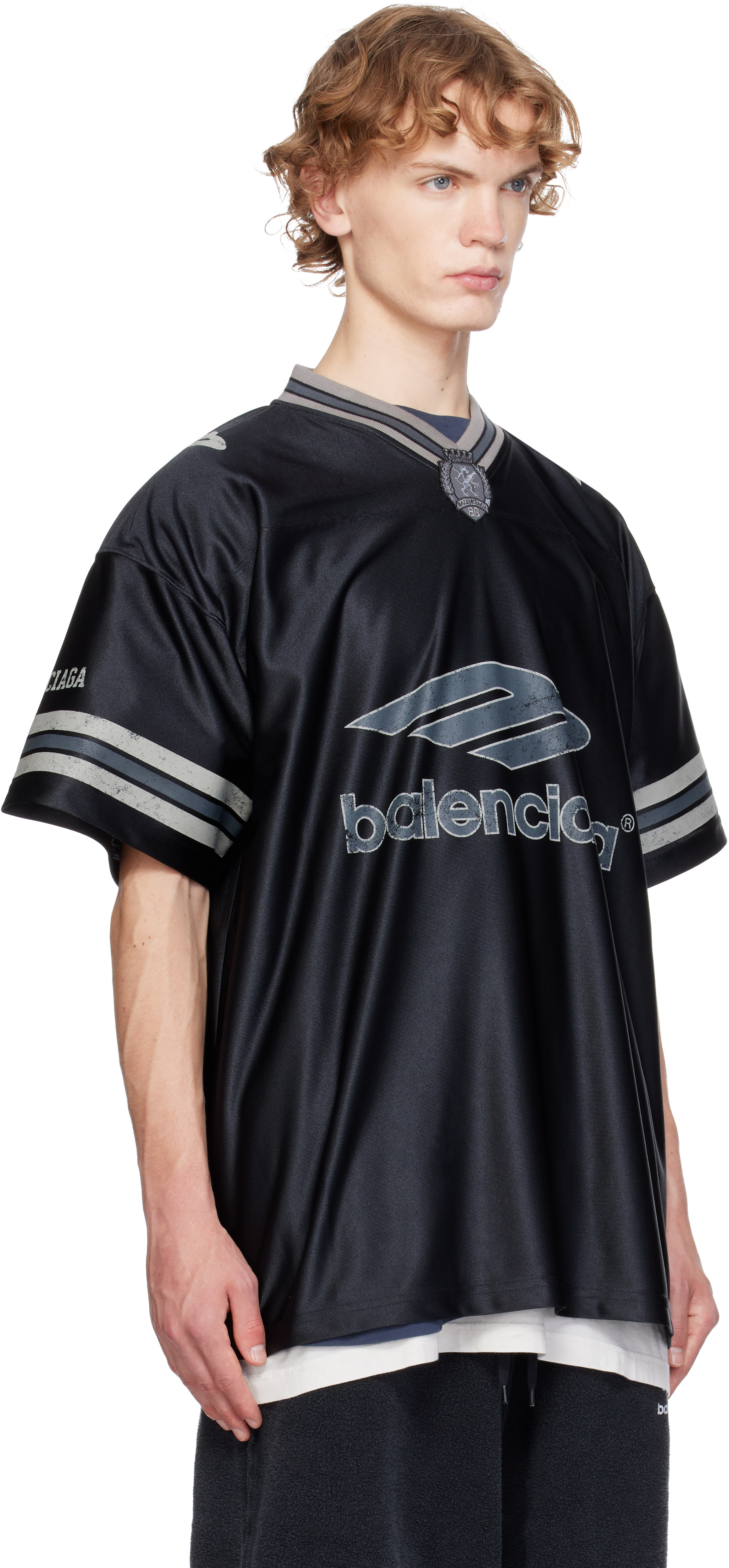 Balenciaga: Black 3B Football V-Neck Oversized Jersey | SSENSE