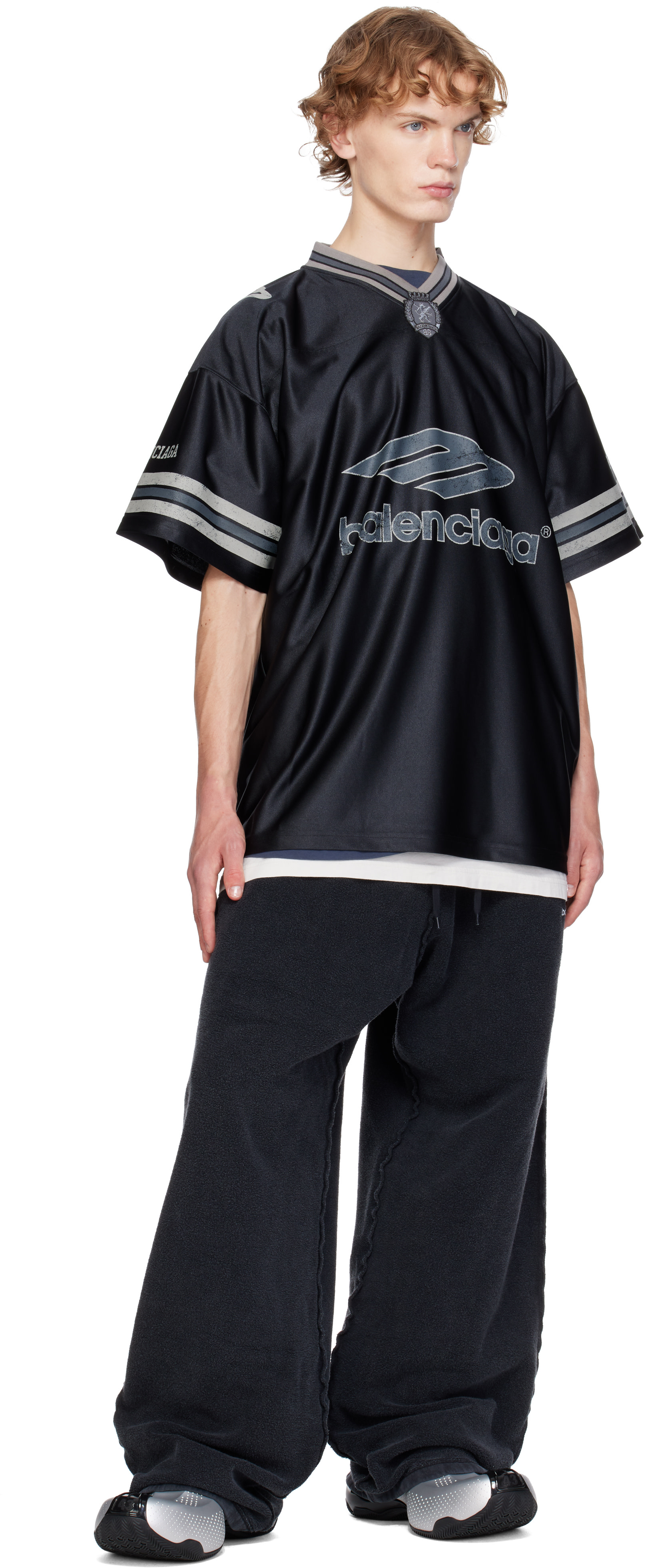 Balenciaga: Black 3B Football V-Neck Oversized Jersey | SSENSE