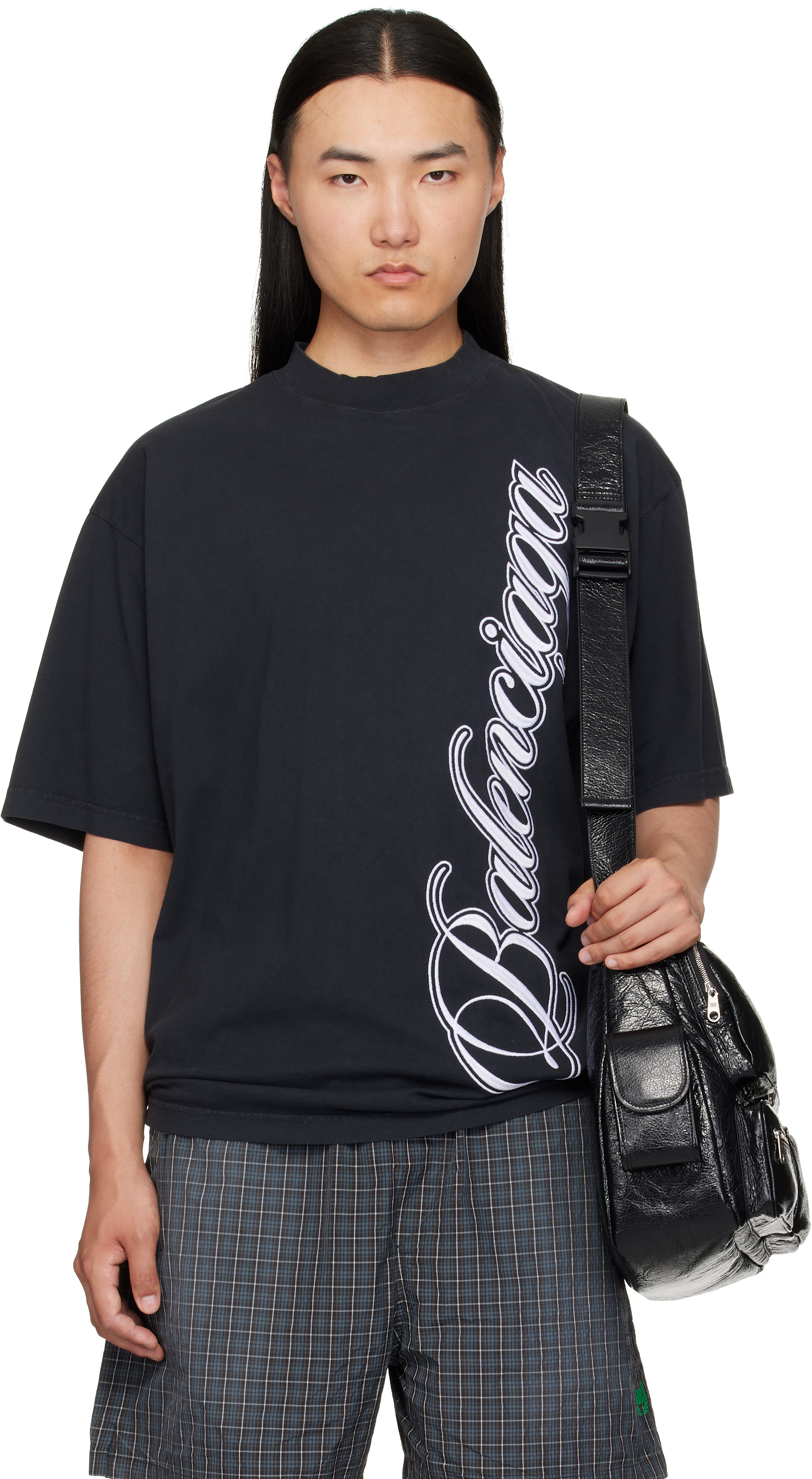 Balenciaga: ブラック ロゴ刺繍 Tシャツ | SSENSE 日本