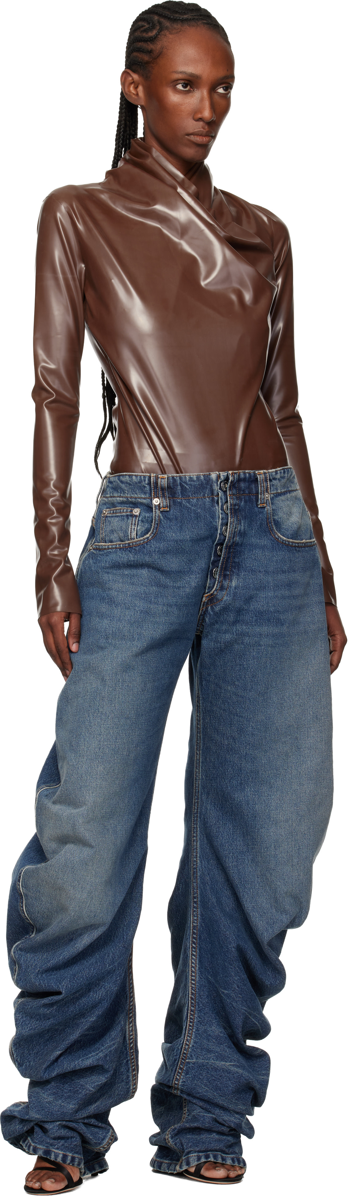 Mugler - Justaucorps brun en latex à col drapé