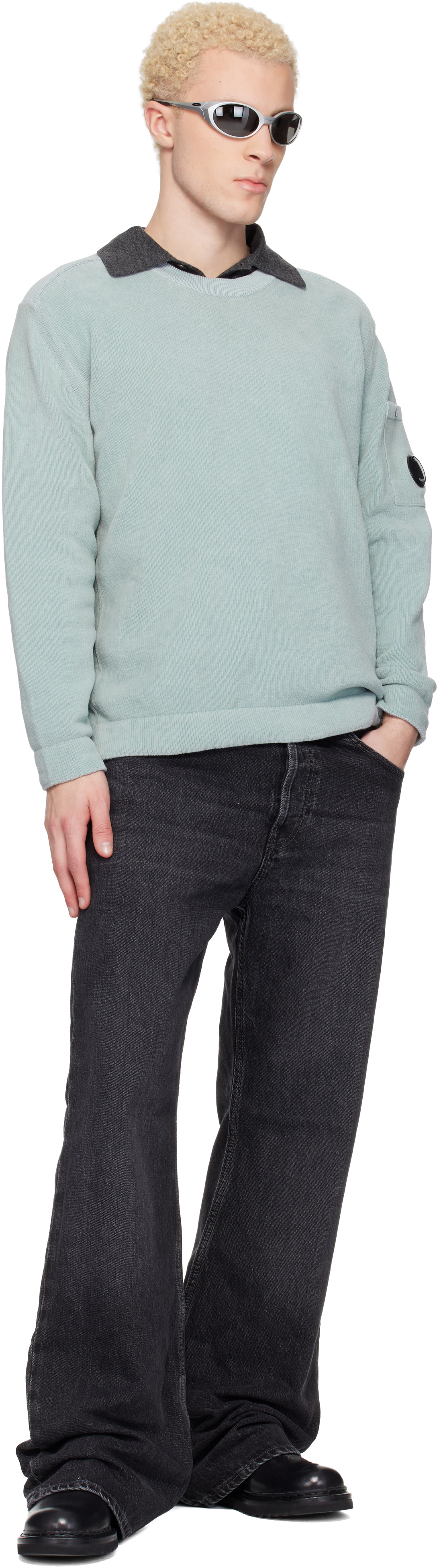C.P. Company: Blue Cotton Chenille Crewneck Lens Sweater | SSENSE