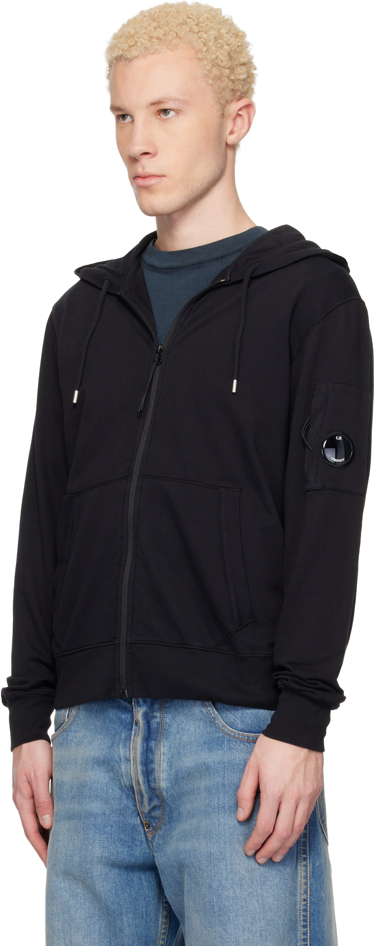 C.P. Company: ブラック Light Fleece Zip Lens フーディ | SSENSE 日本