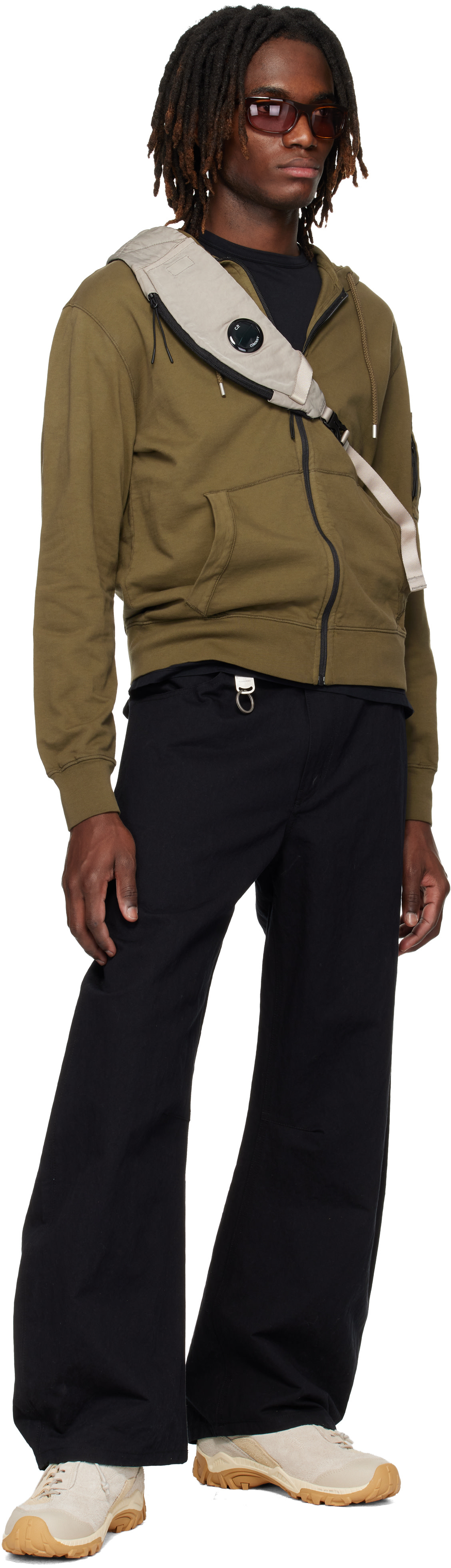 C.P. Company: Khaki Light Fleece Zip Lens Hoodie | SSENSE