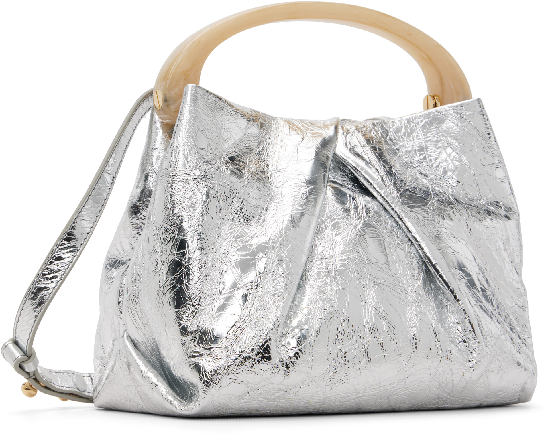 Dries Van Noten: Silver Small Pleated Leather Bag | SSENSE