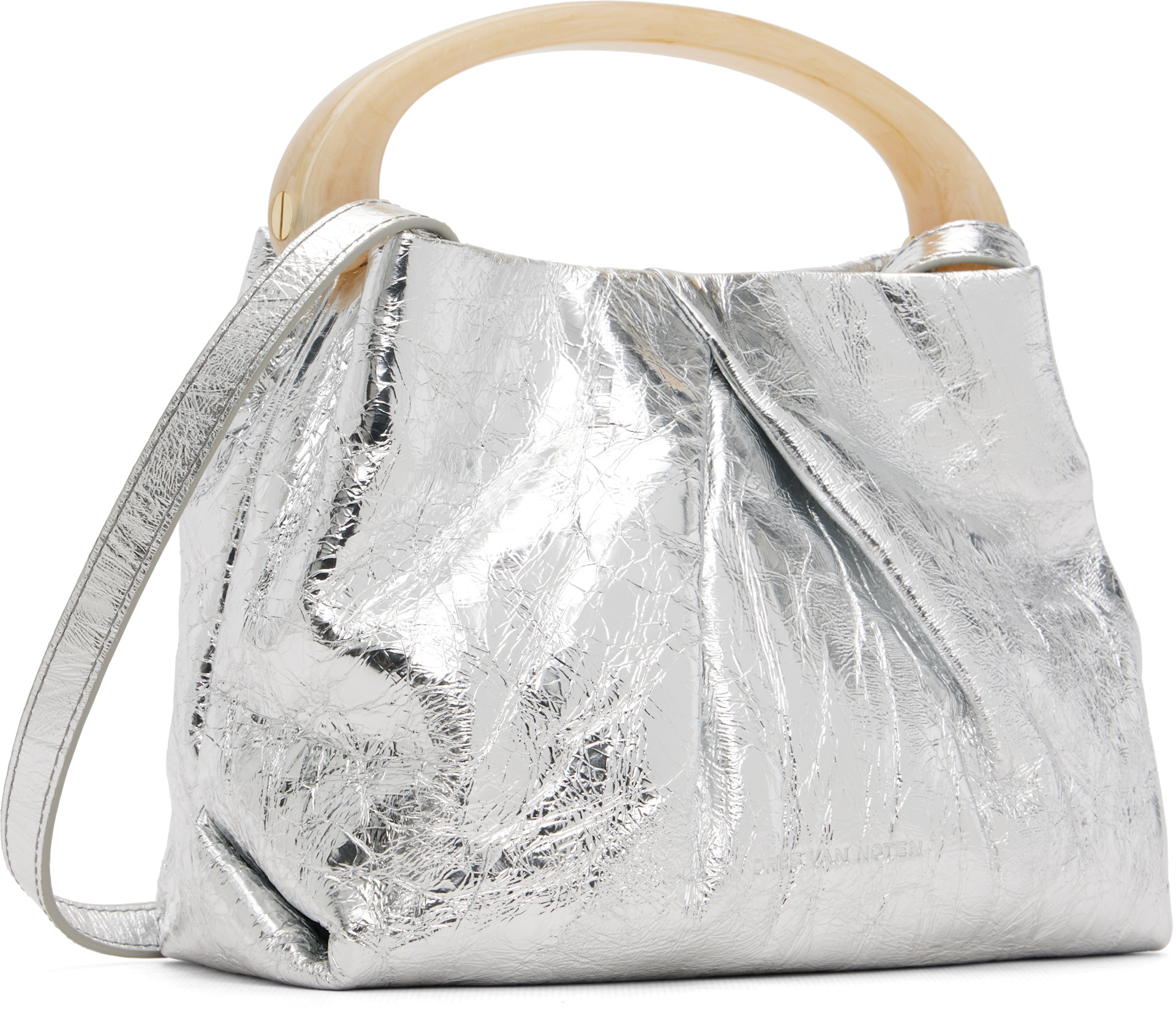 Dries Van Noten: Silver Small Pleated Leather Bag | SSENSE