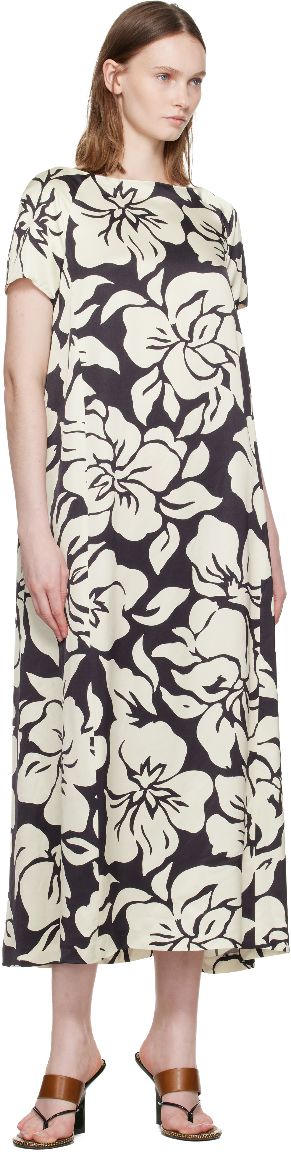 dries van noten dress Black & Off-White Floral Midi dots printed throughout · Petite Summer Casual Dress Size:UK-13 ** US-14 ** EU-47 Certified Nickel Free™ Linen