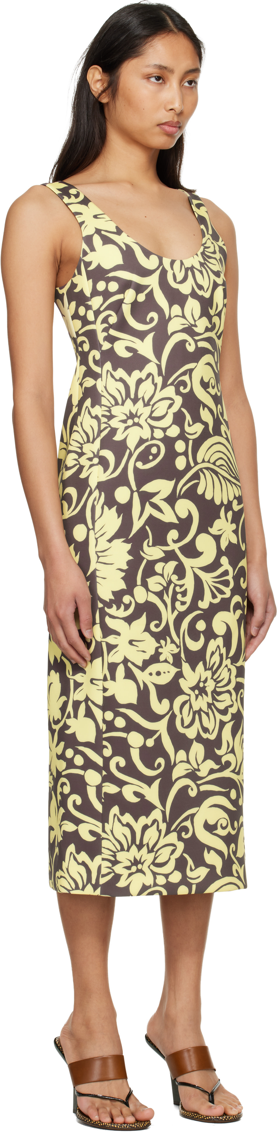 Dries Van Noten: Yellow & Taupe Fitted Structured Maxi Dress | SSENSE