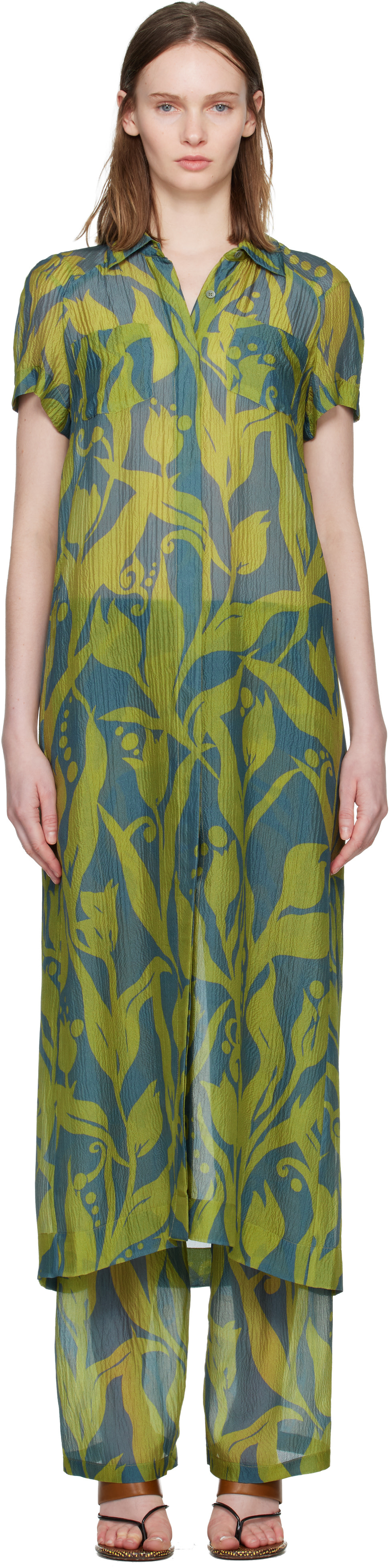 Dries Van Noten: グリーン＆ブルー ロング シャツ マキシワンピース