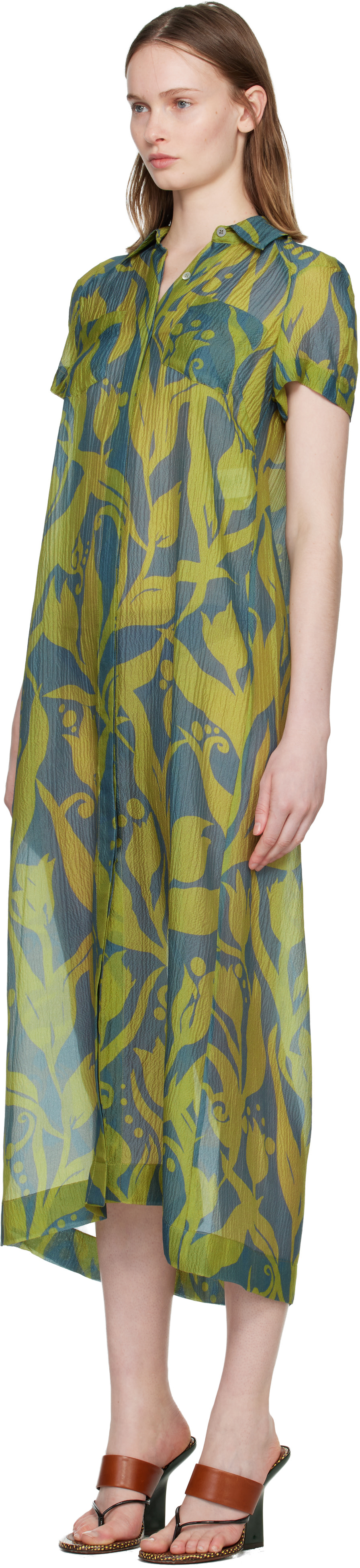 Dries Van Noten: Green & Blue Long Shirt Maxi Dress | SSENSE