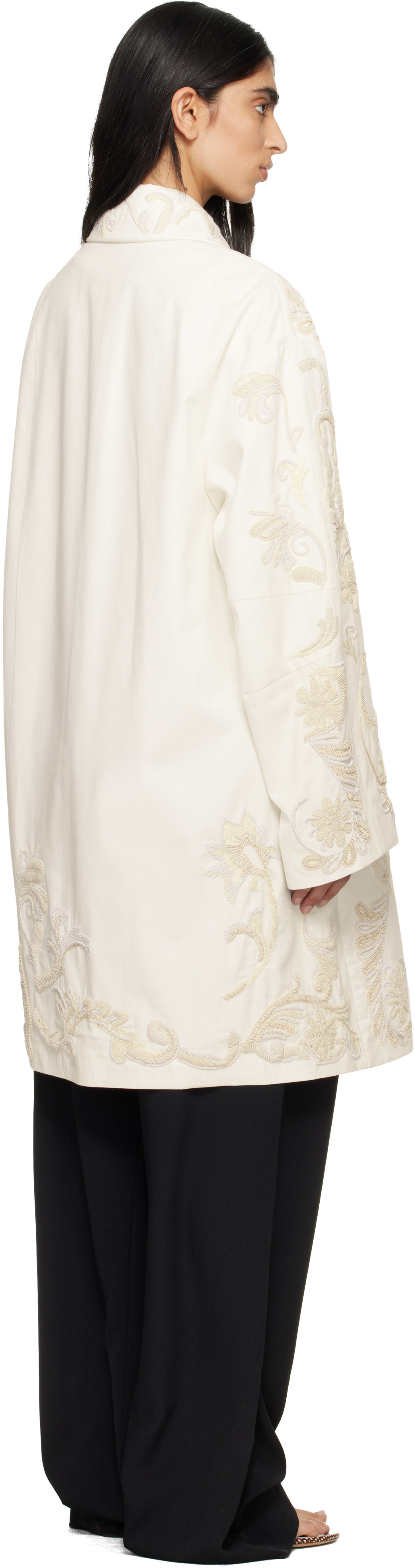 Dries Van Noten: Off-White Embroidered A-Line Coat | SSENSE Dries Van Noten: Off-White Embroidered A-Line Coat | SSENSE