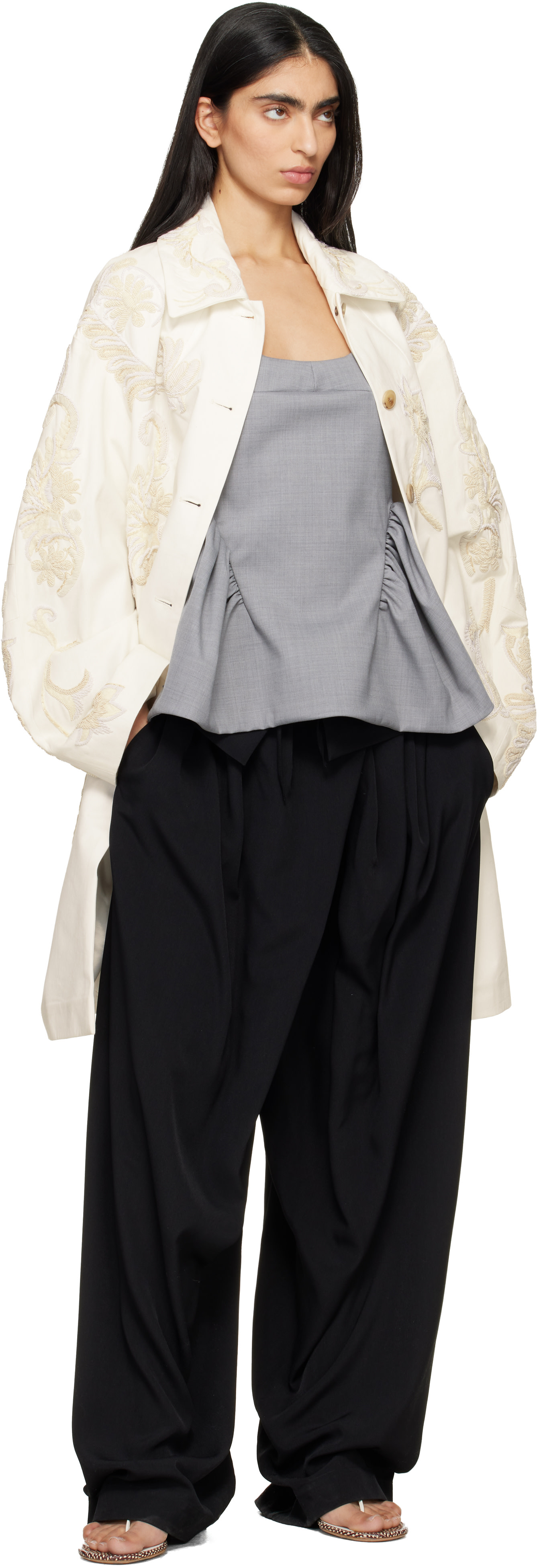 Dries Van Noten: Off-White Embroidered A-Line Coat | SSENSE