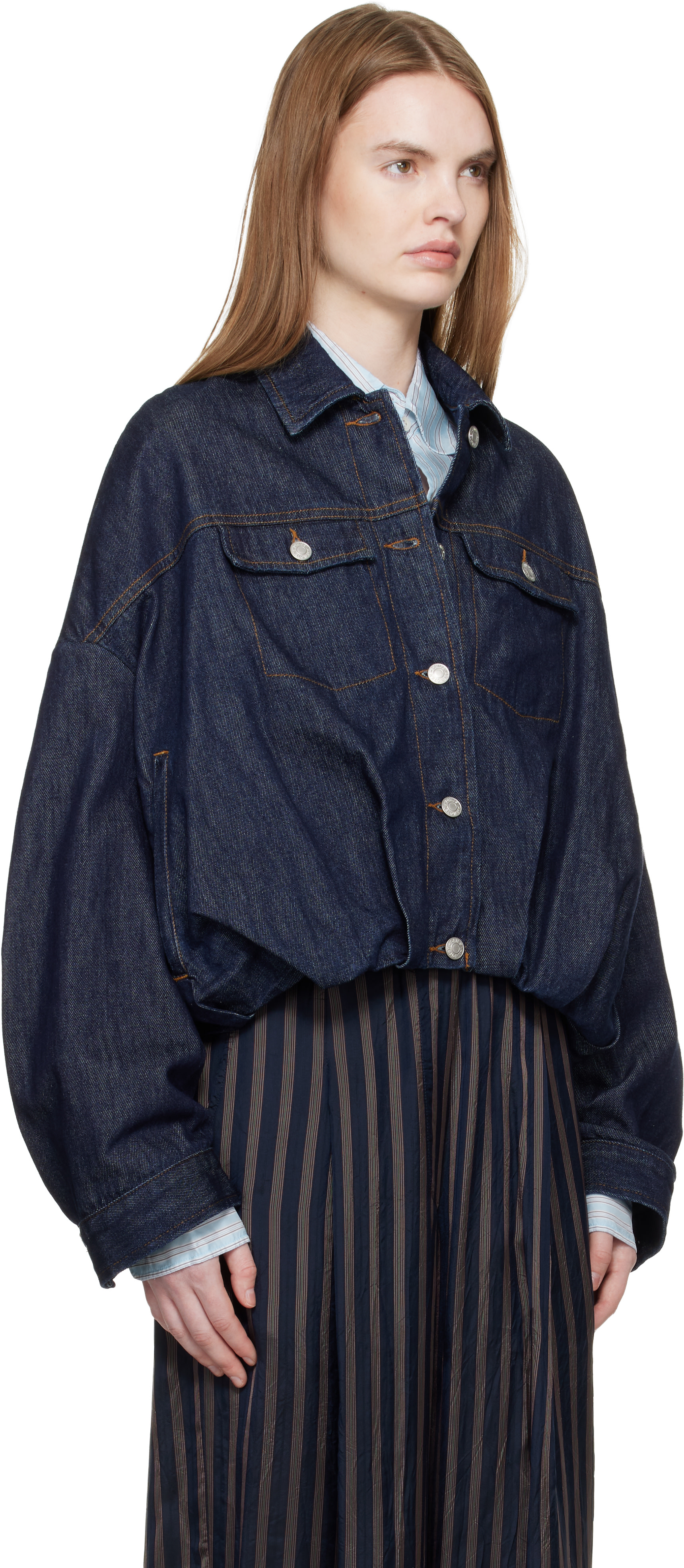Dries Van Noten: Navy Bubble Hem Denim Jacket | SSENSE