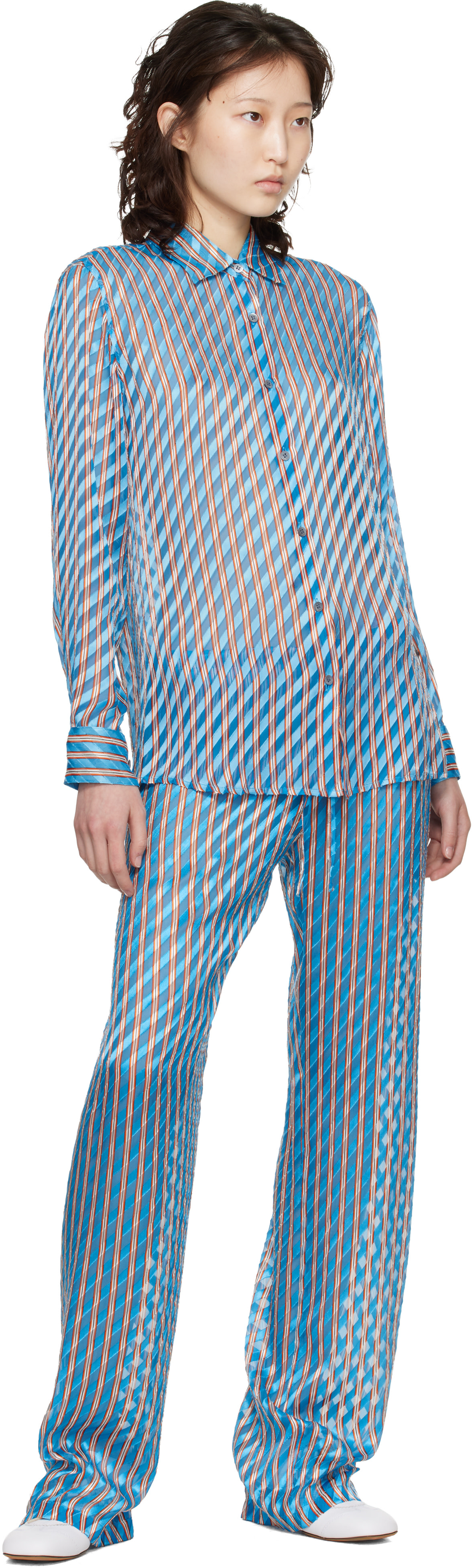 Dries Van Noten: Blue Devoré Elasticated Trousers | SSENSE Dries Van Noten: Blue Devoré Elasticated Trousers | SSENSE