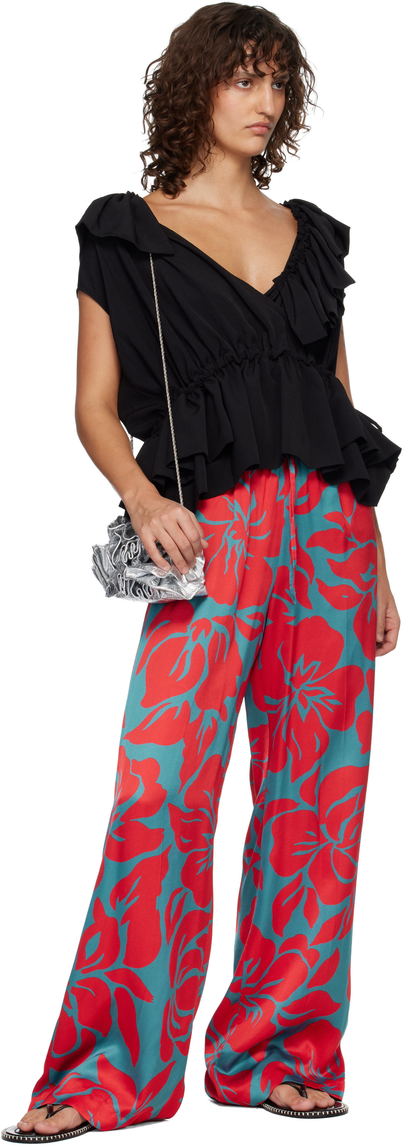 DRIES VAN NOTENフレアパンツ リネン100% レッド 29 L相当 Dries Van Noten: Red & Blue Elasticated Trousers | SSENSE
