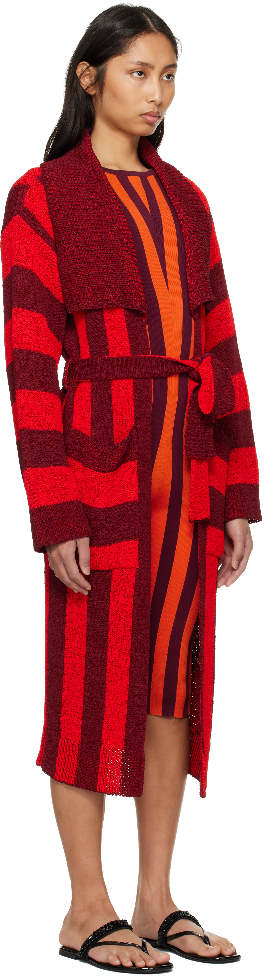 Dries Van Noten: Red & Burgundy Loose Belted Cardigan | SSENSE