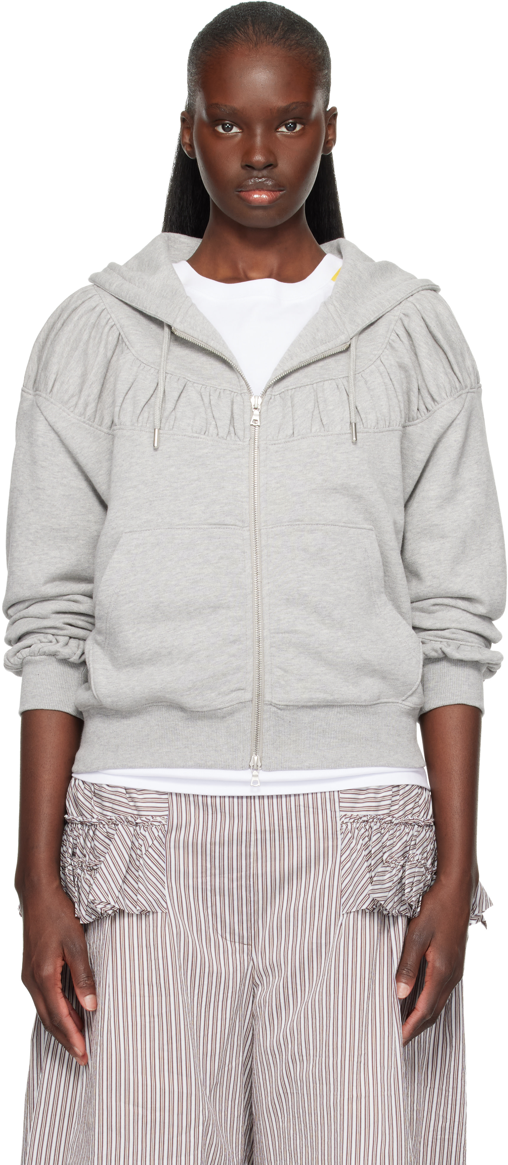 Dries Van Noten - Pull à capuche écourté et décontracté gris à glissière