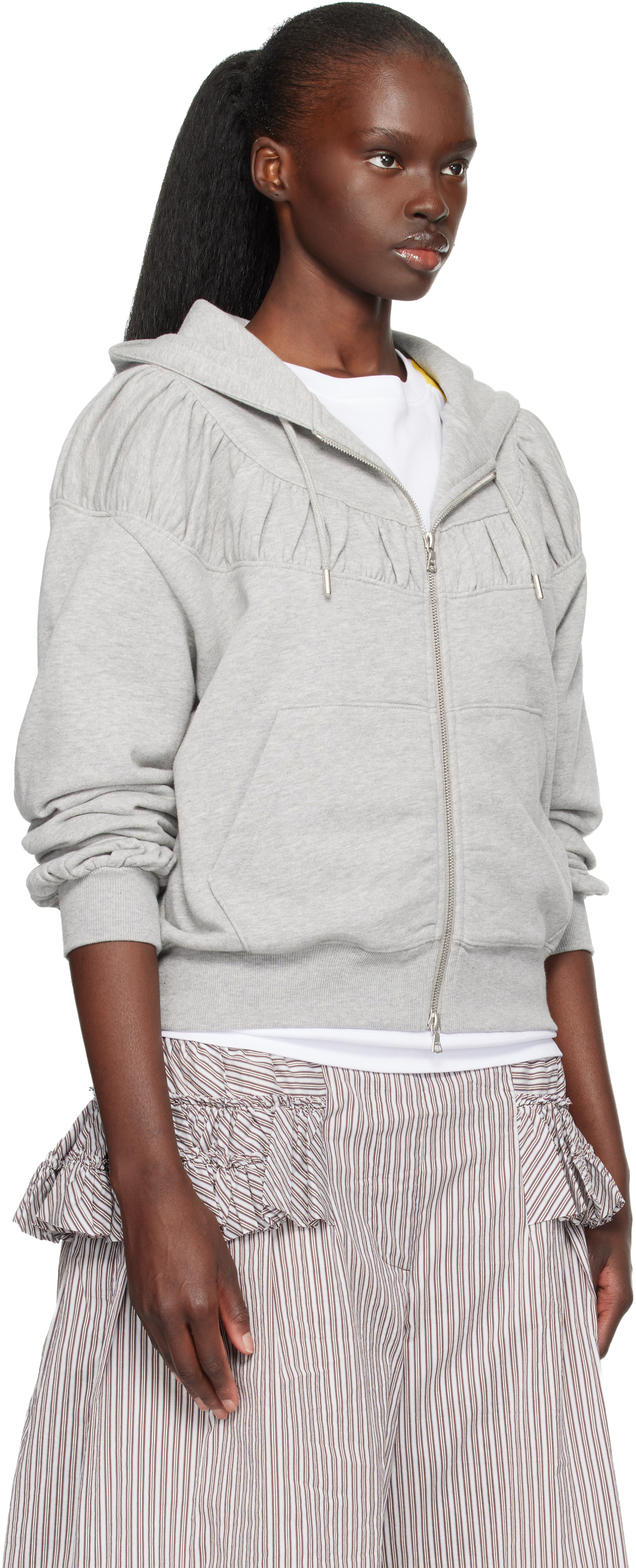 Dries Van Noten - Pull à capuche écourté et décontracté gris à glissière