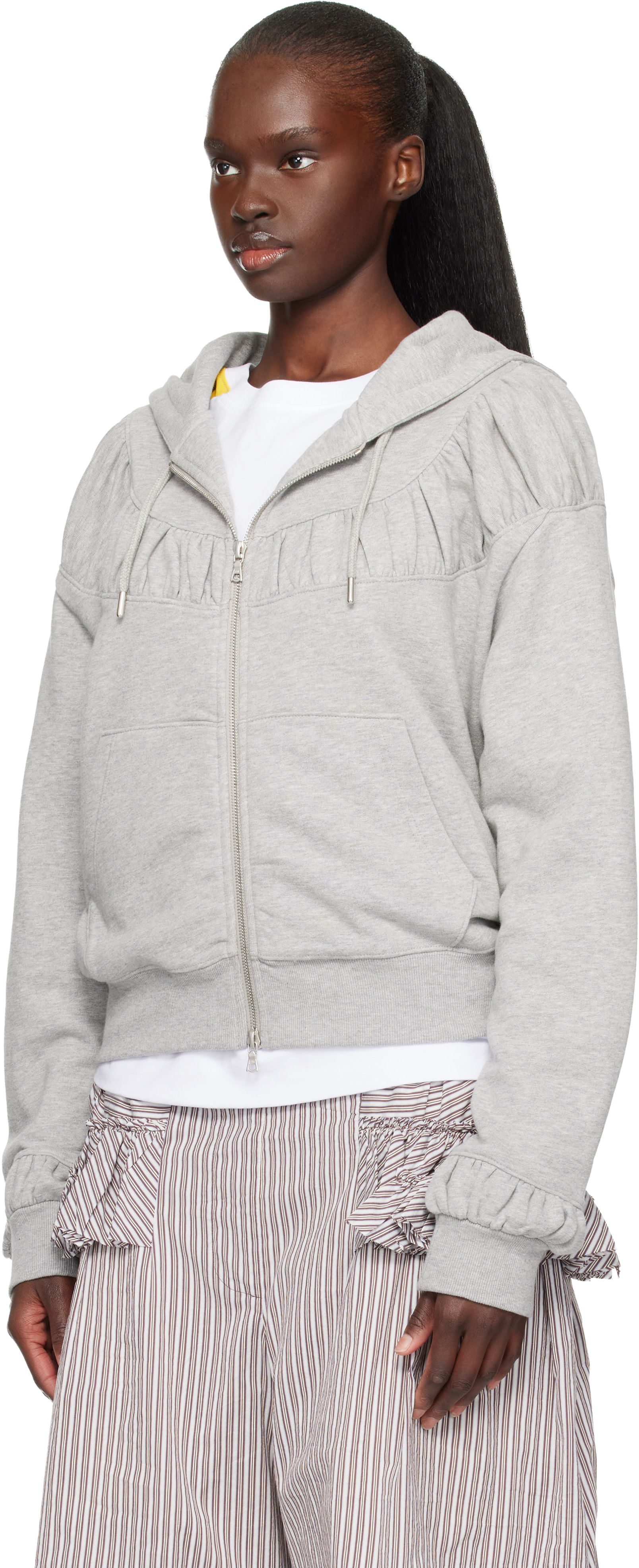 Dries Van Noten - Pull à capuche écourté et décontracté gris à glissière