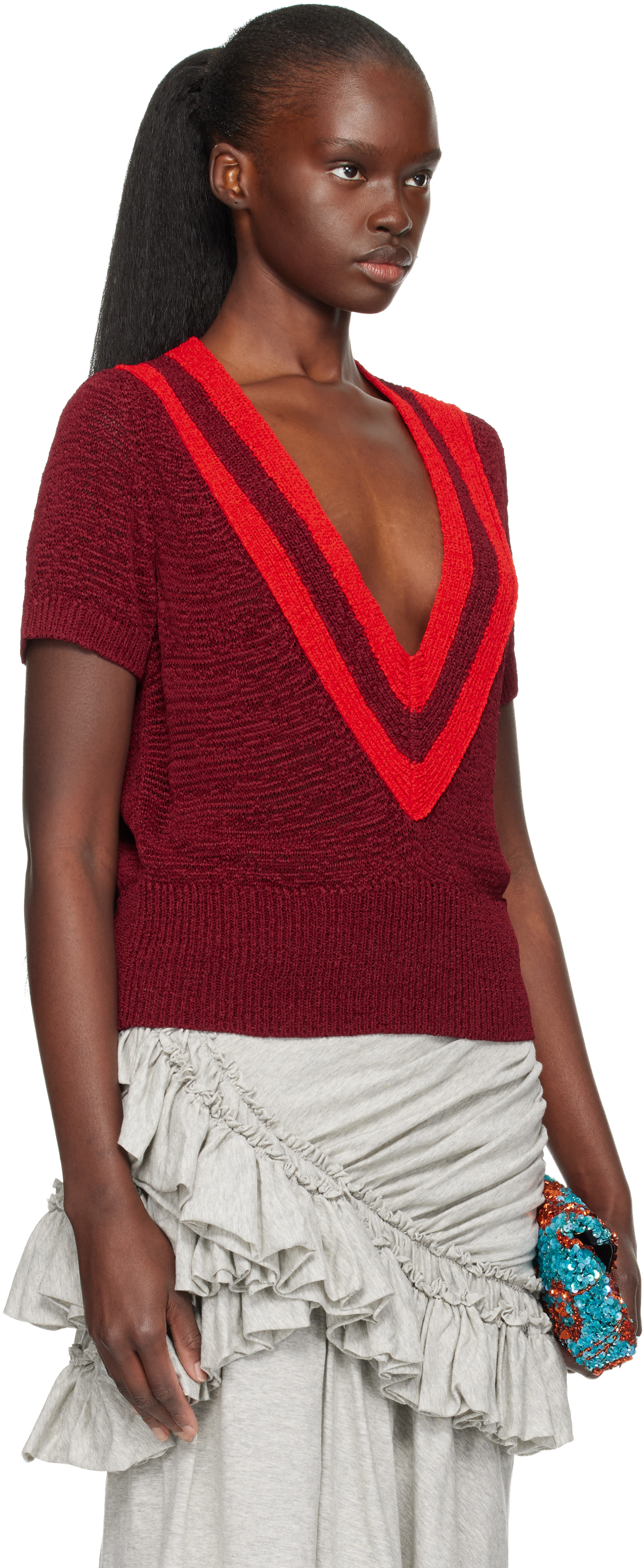 DRES VAN NOTEN Vネックニット M Dries Van Noten: Burgundy V-Neck Knit Sweater | SSENSE