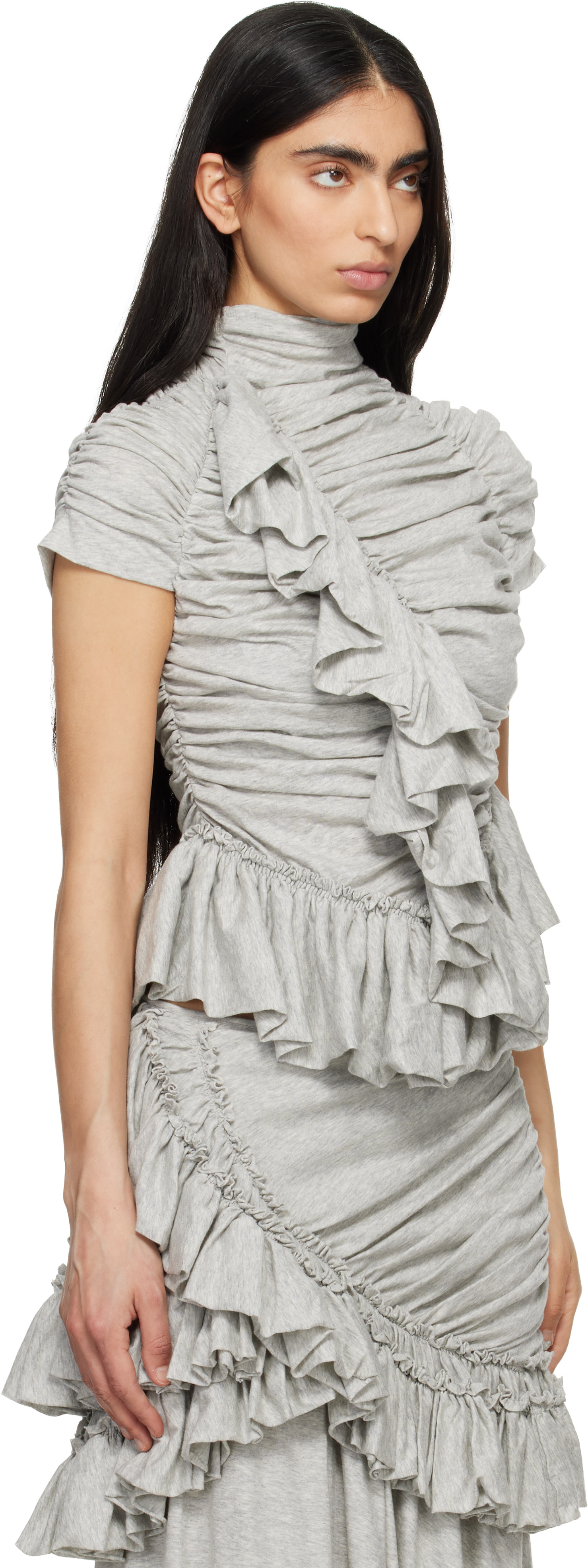 Dries Van Noten: Gray Fitted Gathered High-Neck Blouse | SSENSE