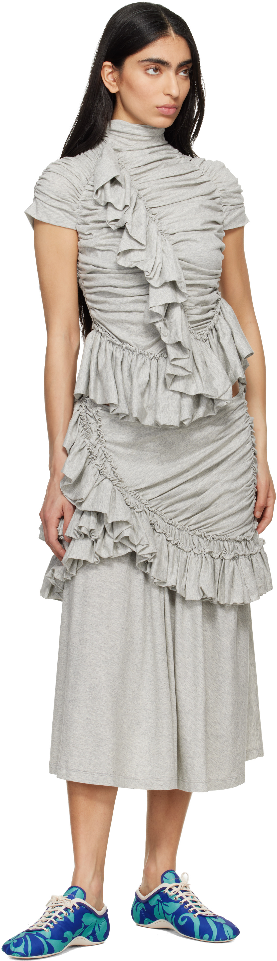 Dries Van Noten: Gray Fitted Gathered High-Neck Blouse | SSENSE