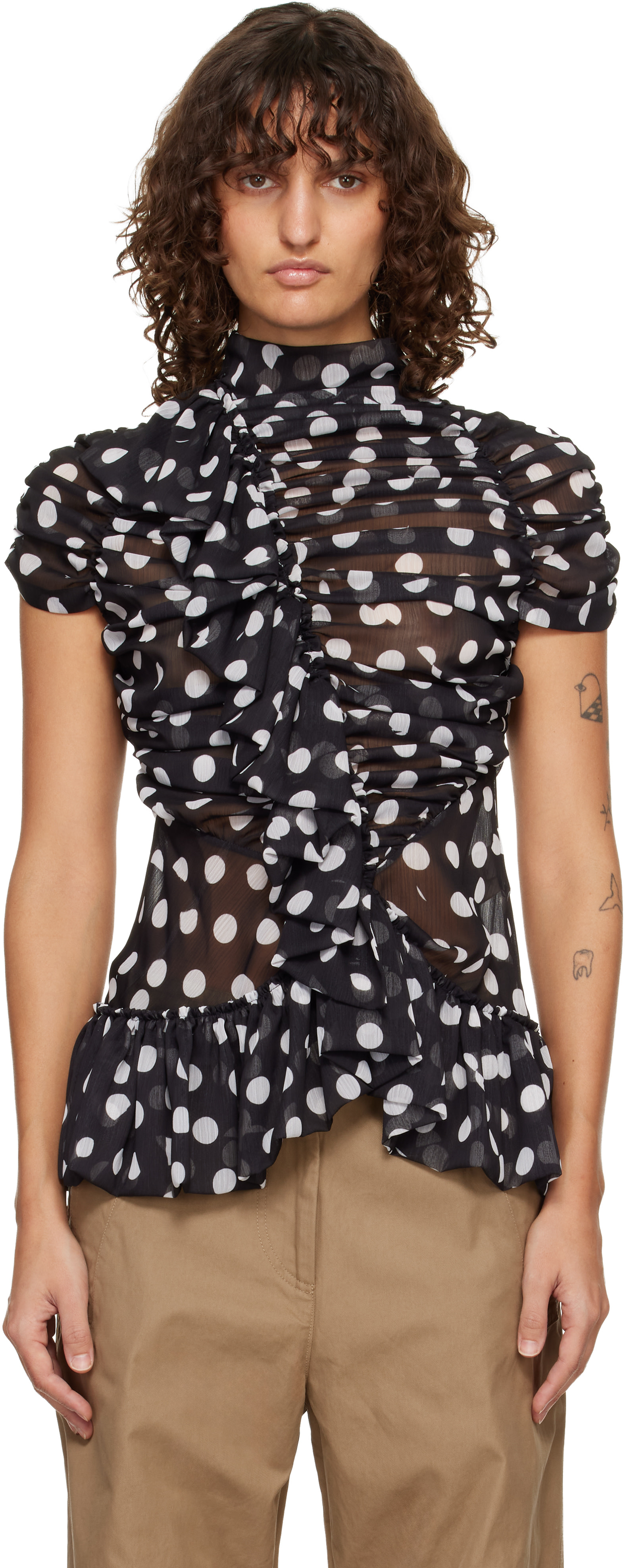 Dries Van Noten: Black Fitted Gathered High-Neck Blouse | SSENSE