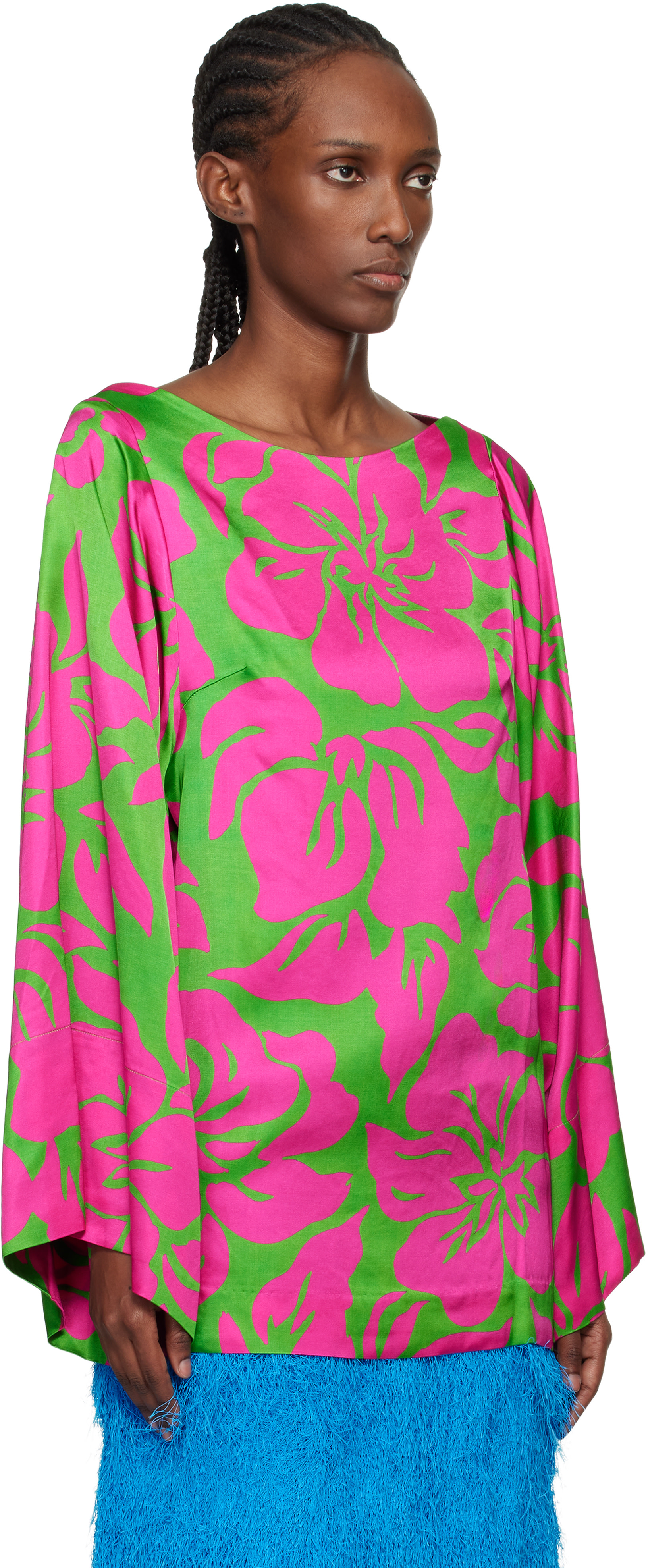 Dries Van Noten: Pink & Green Satin Floral Print Blouse | SSENSE