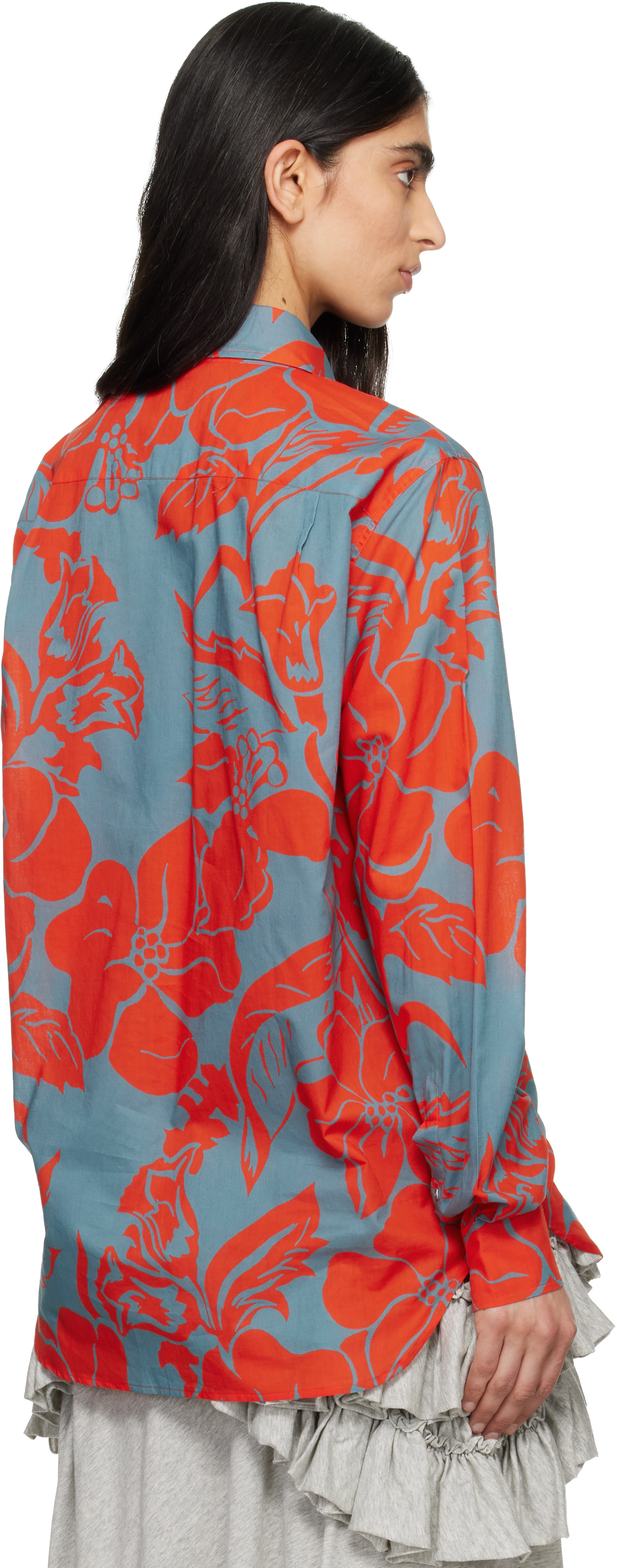 dries van noten カットソー Dries Van Noten: Gray & Orange Voile Floral Print Shirt | SSENSE
