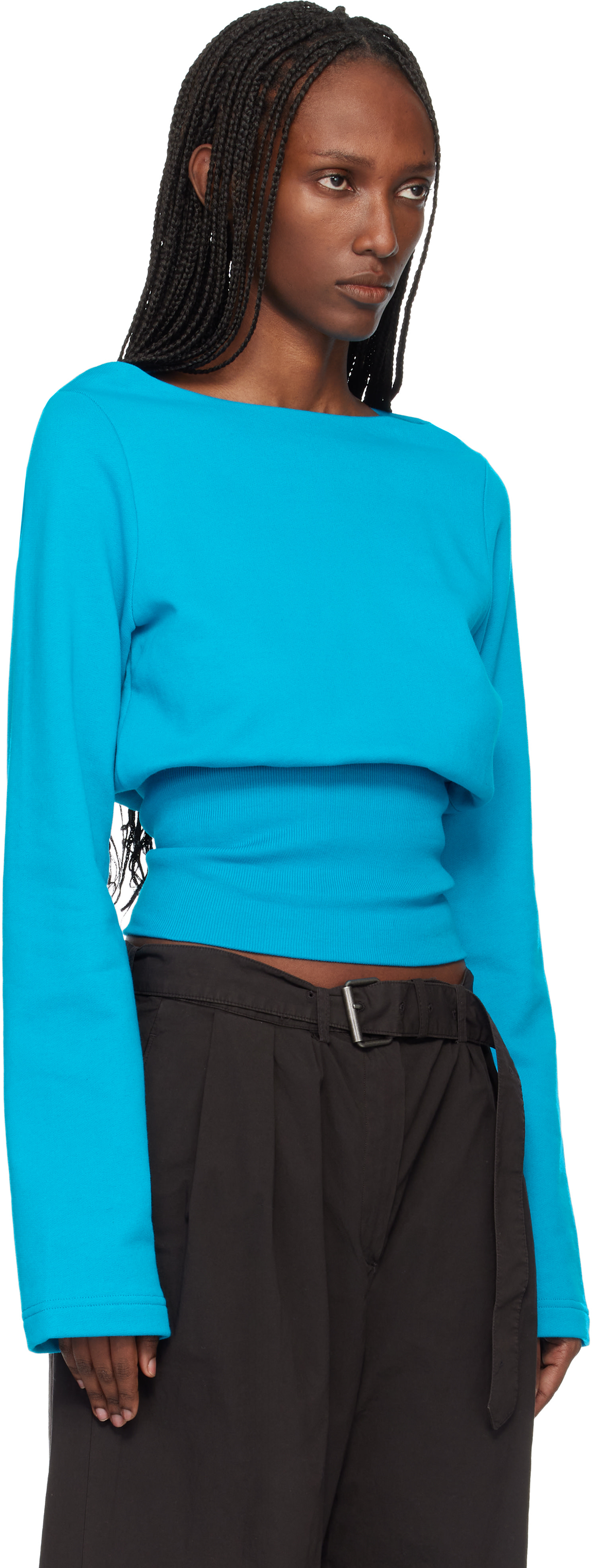 DRIES VAN NOTEN 青 メッシュ 長袖Tシャツ Dries Van Noten: Blue Boat Neck T-shirt | SSENSE