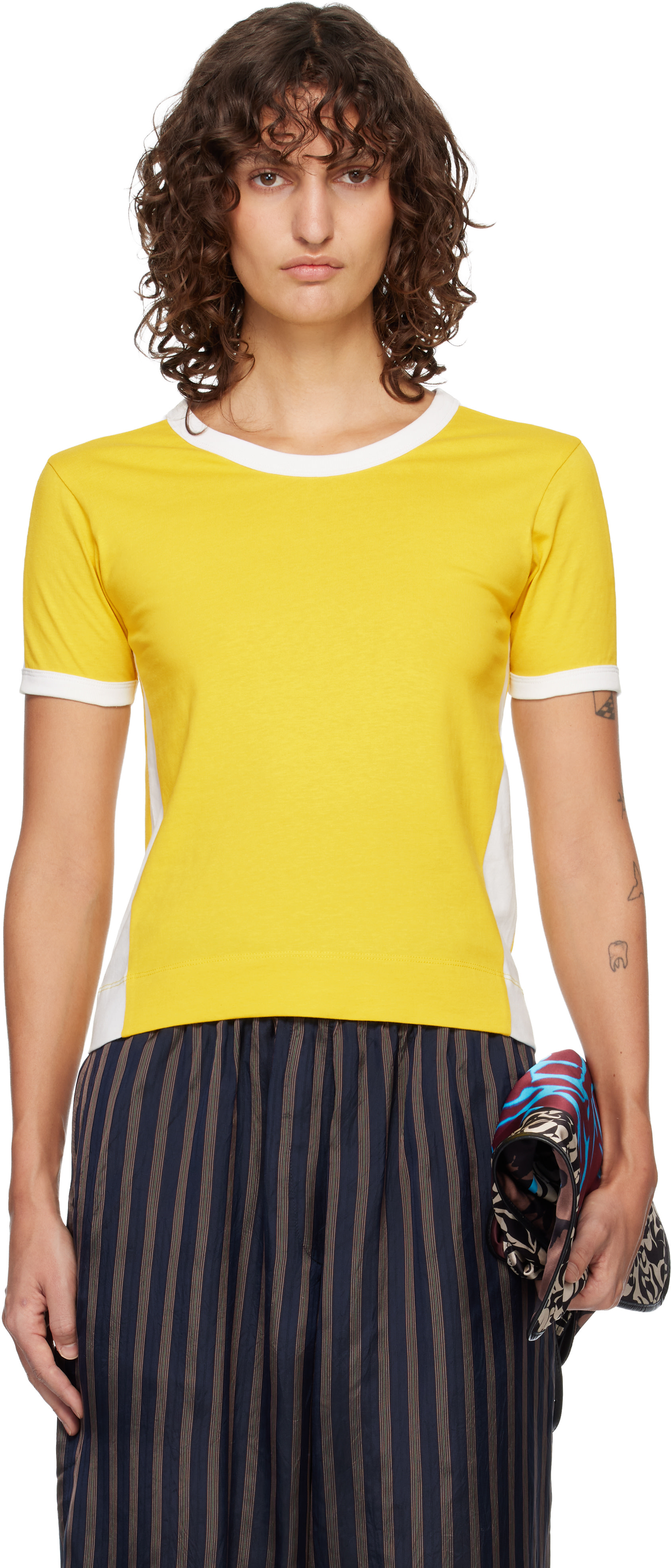 Dries Van Noten: Yellow & White Fitted Contrast T-shirt | SSENSE
