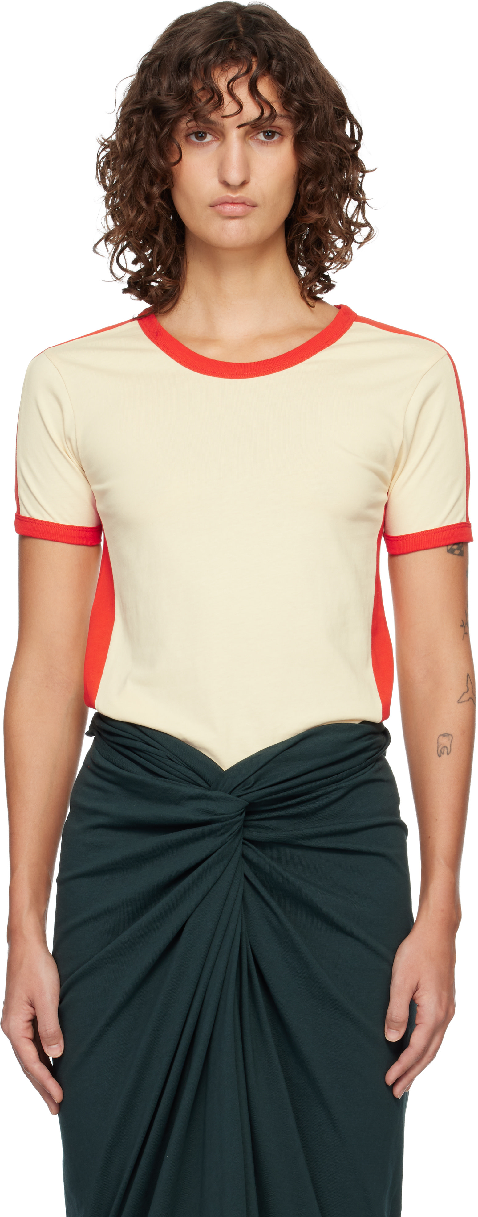 DRIES VAN NOTTEN ニットTシャツ Dries Van Noten: Off-White & Red Fitted Contrast T-shirt | SSENSE