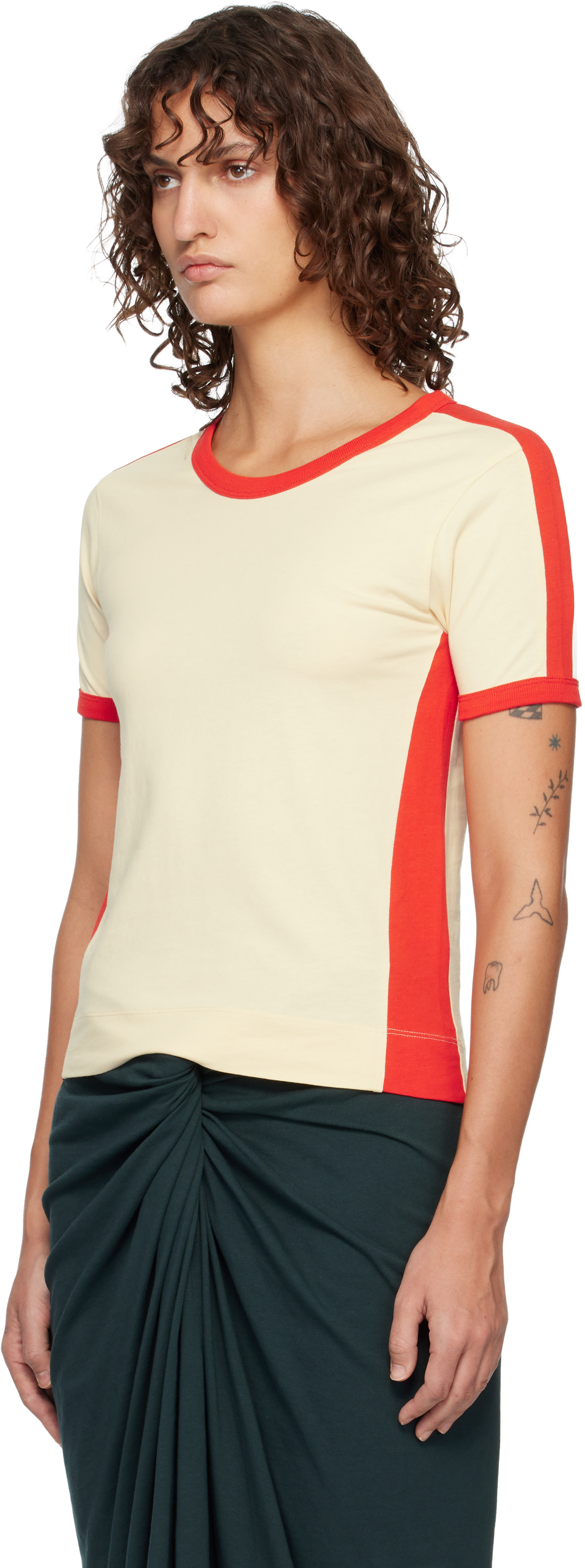DRIES VAN NOTTEN ニットTシャツ Dries Van Noten: Off-White & Red Fitted Contrast T-shirt | SSENSE