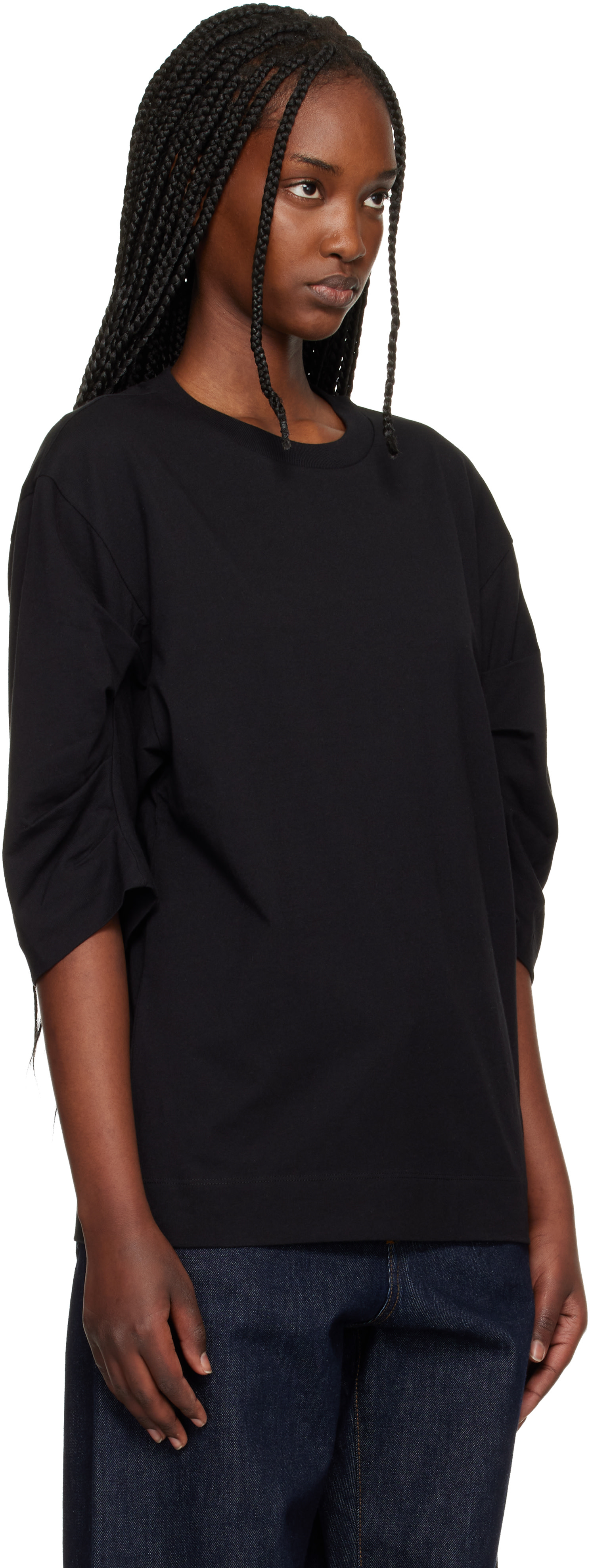 Dries Van Noten: ブラック Pleated Sleeve Tシャツ | SSENSE 日本