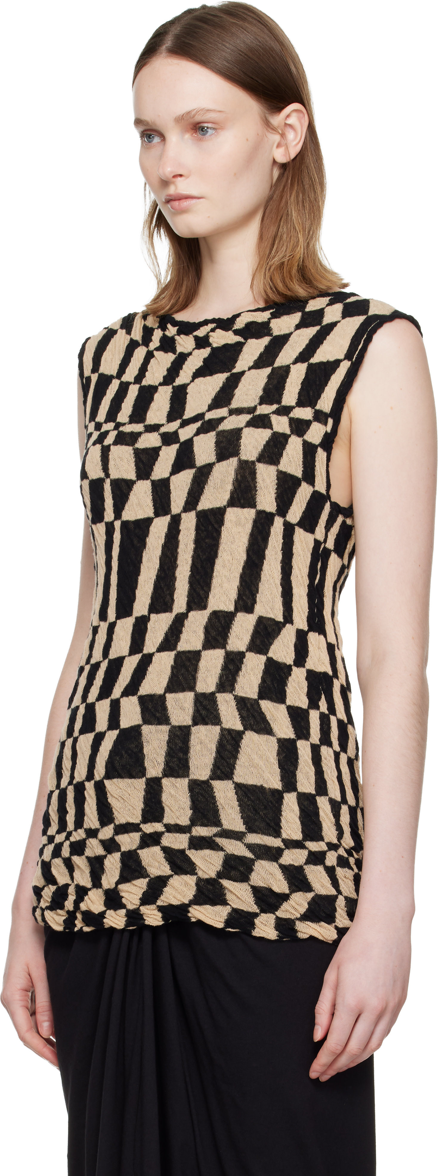 Dries Van Noten - Pull beige et noir à carreaux