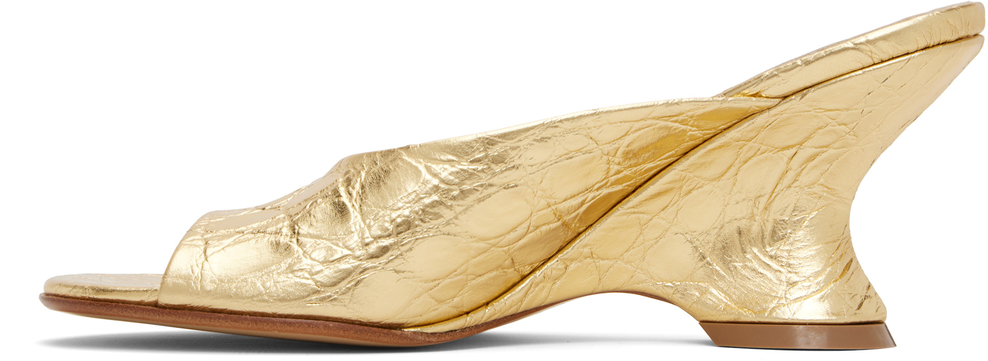 Dries Van Noten: Gold Open-Toe Leather Mule Heeled Sandals | SSENSE