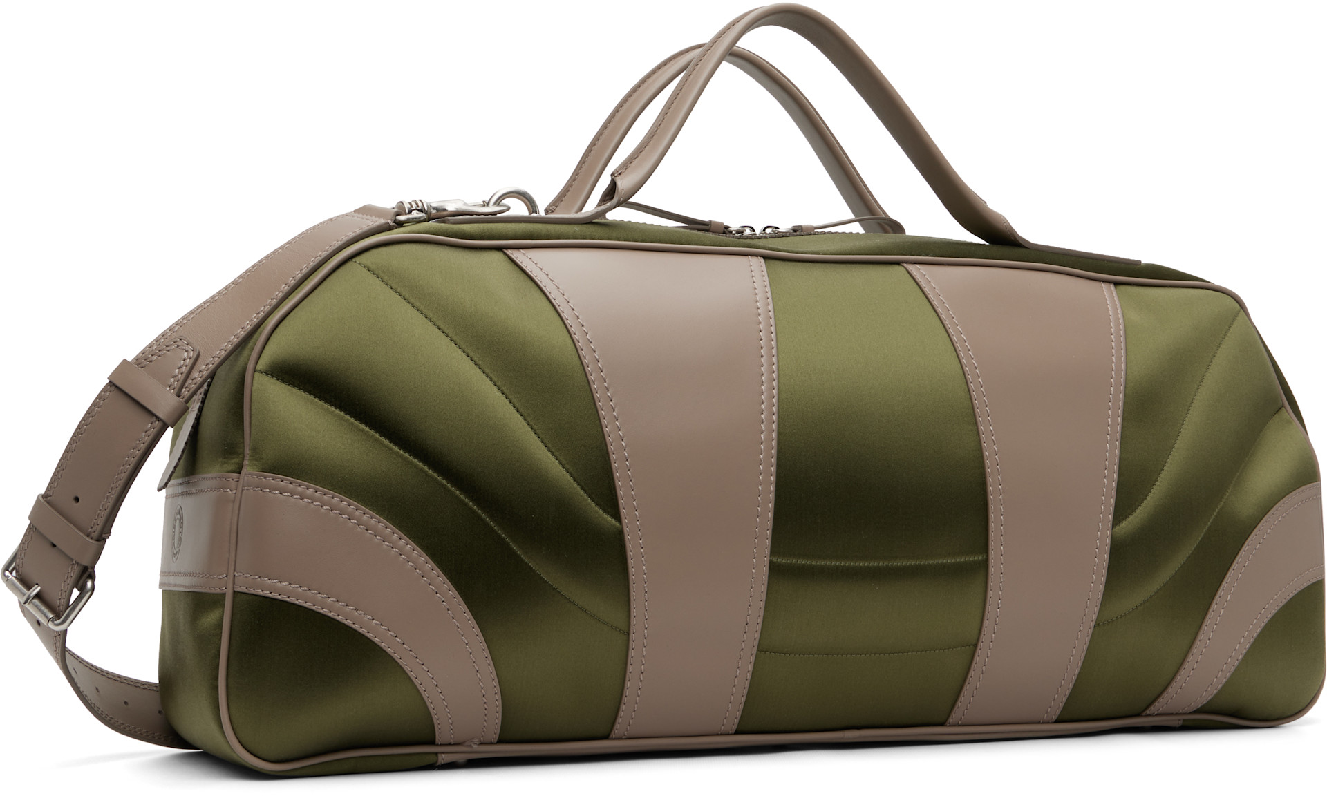 Dries Van Noten: Green & Taupe Satin Weekend Bag | SSENSE