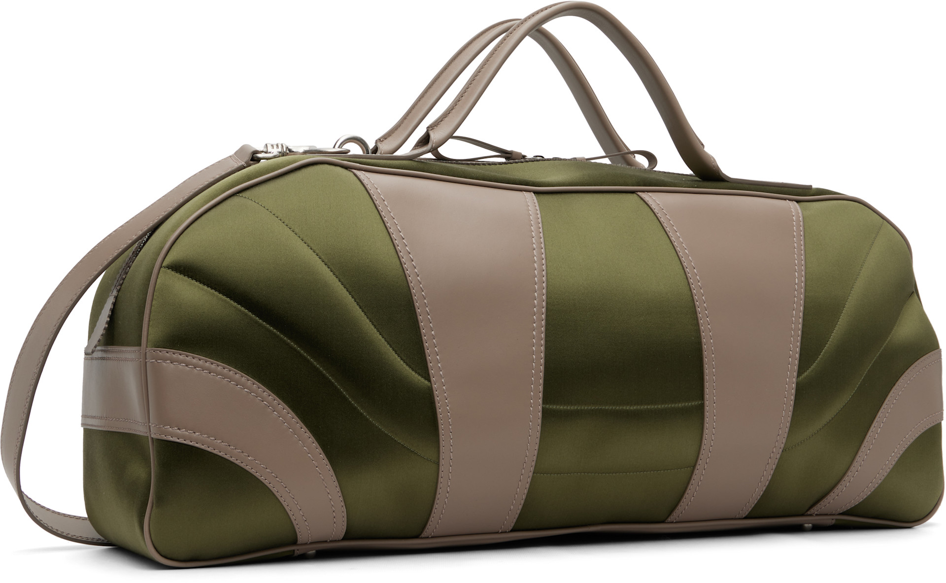 Dries Van Noten: Green & Taupe Satin Weekend Bag | SSENSE