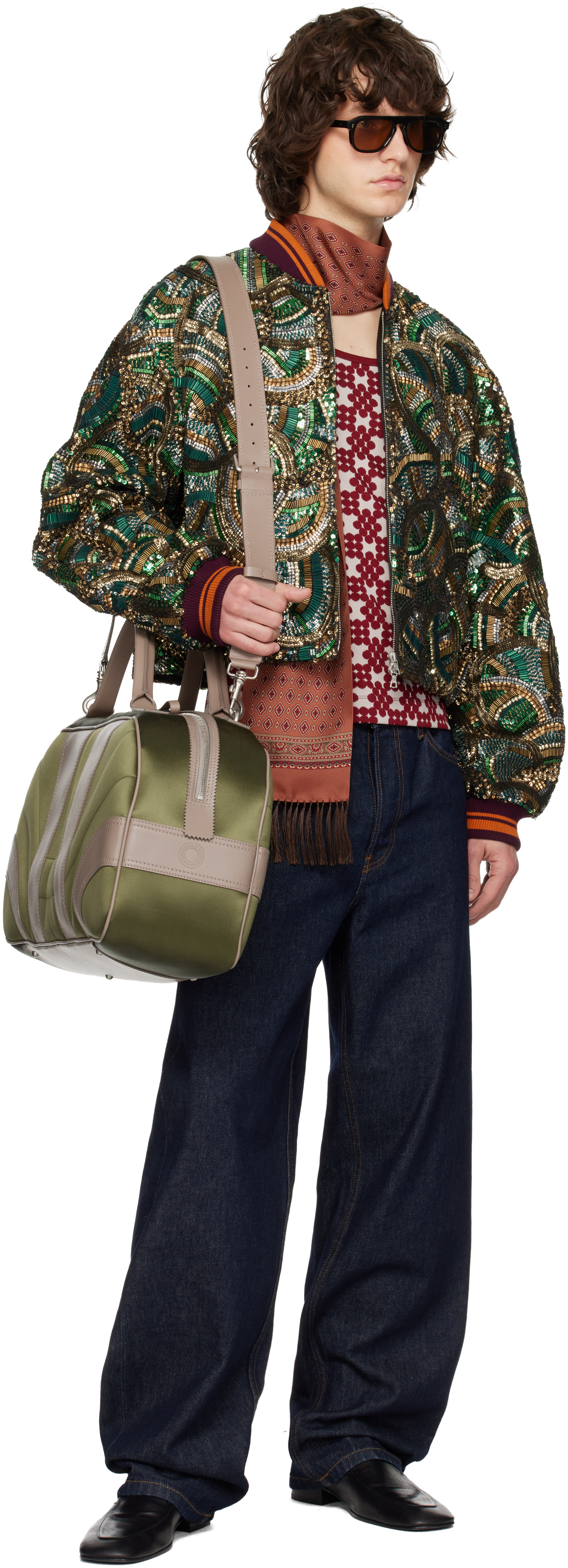 Dries Van Noten: Green & Taupe Satin Weekend Bag | SSENSE