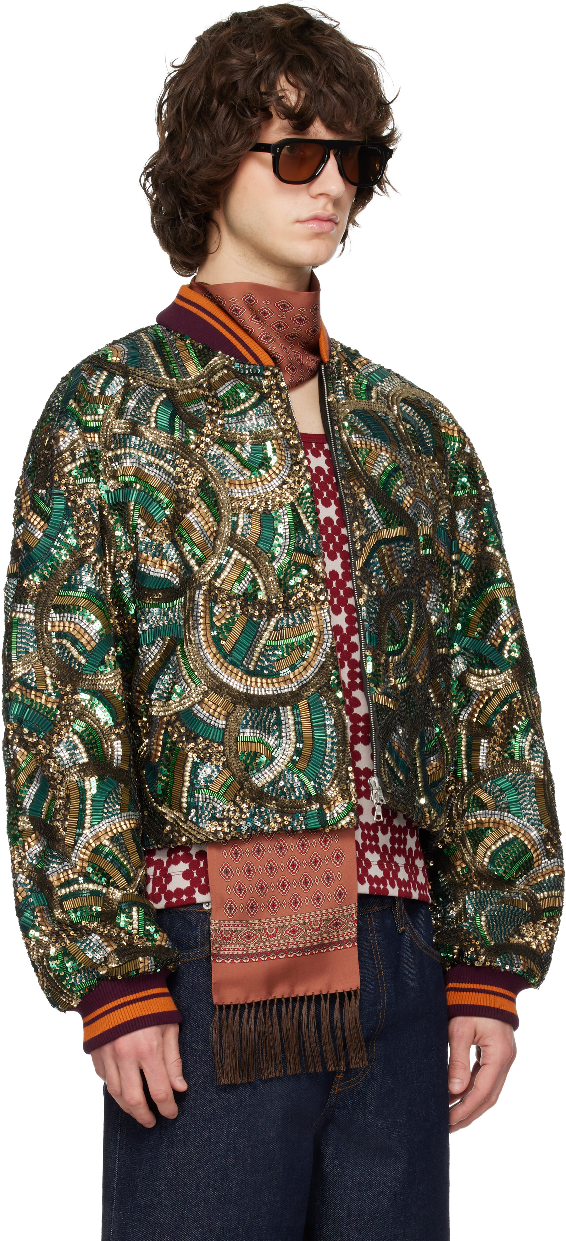 Dries Van Noten: グリーン エンブロイダリー ボンバージャケット